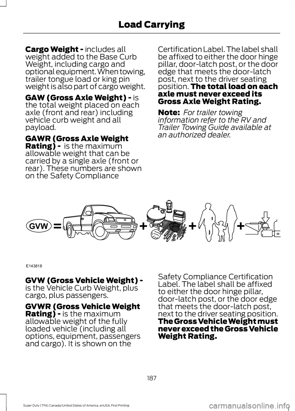 FORD F450 SUPER DUTY 2016 Owners Manual Cargo Weight - includes allweight added to the Base CurbWeight, including cargo andoptional equipment. When towing,trailer tongue load or king pinweight is also part of cargo weight.
GAW (Gross Axle W FORD F450 SUPER DUTY 2016 Owners Manual Cargo Weight - includes allweight added to the Base CurbWeight, including cargo andoptional equipment. When towing,trailer tongue load or king pinweight is also part of cargo weight.
GAW (Gross Axle W