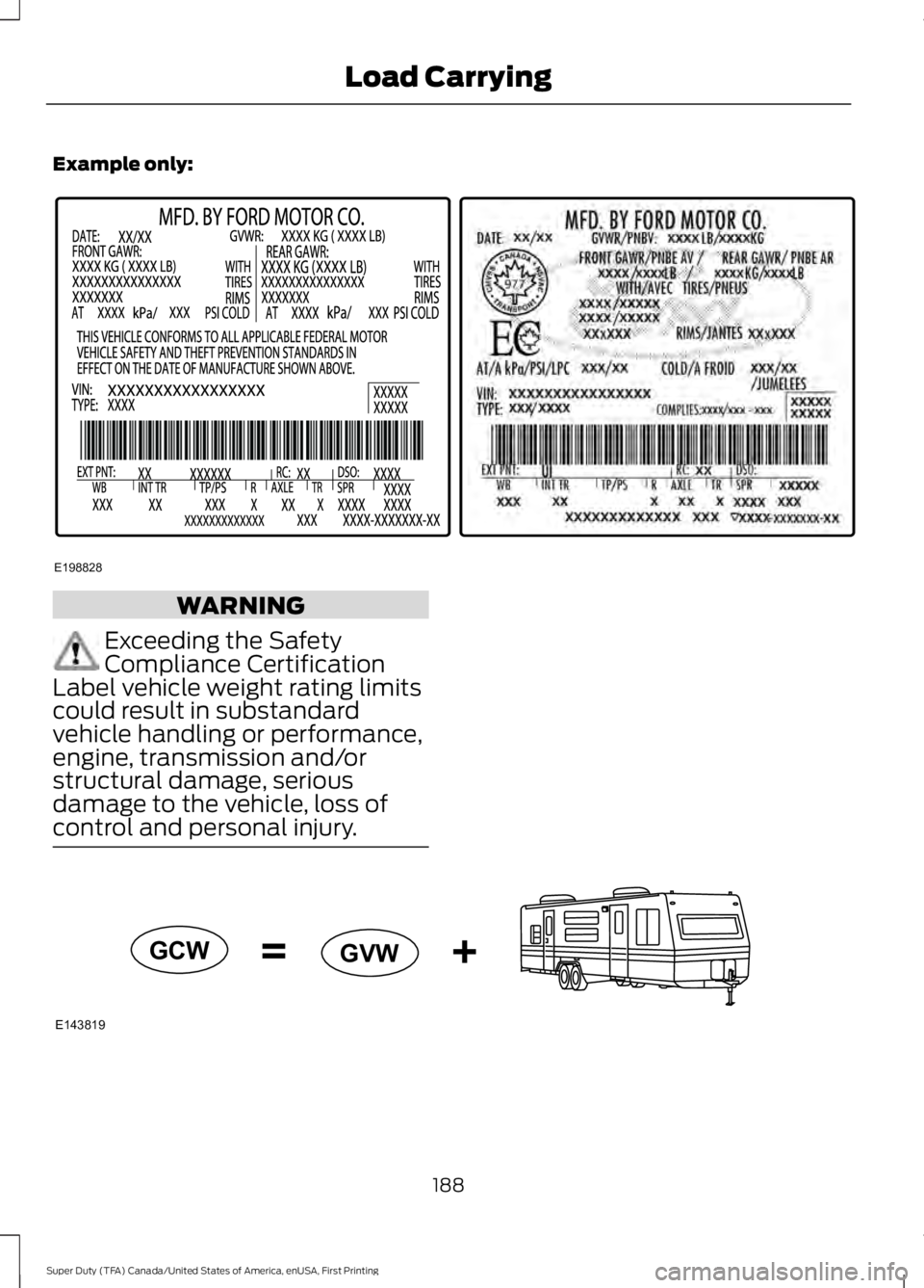 FORD F450 SUPER DUTY 2016 Owners Manual Example only:
WARNING
Exceeding the SafetyCompliance CertificationLabel vehicle weight rating limitscould result in substandardvehicle handling or performance,engine, transmission and/orstructural dam FORD F450 SUPER DUTY 2016 Owners Manual Example only:
WARNING
Exceeding the SafetyCompliance CertificationLabel vehicle weight rating limitscould result in substandardvehicle handling or performance,engine, transmission and/orstructural dam