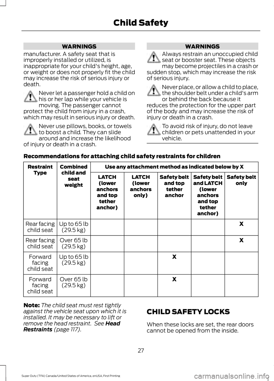 FORD F450 SUPER DUTY 2016 Owners Manual WARNINGS
manufacturer. A safety seat that isimproperly installed or utilized, isinappropriate for your child's height, age,or weight or does not properly fit the childmay increase the risk of seri FORD F450 SUPER DUTY 2016 Owners Manual WARNINGS
manufacturer. A safety seat that isimproperly installed or utilized, isinappropriate for your child's height, age,or weight or does not properly fit the childmay increase the risk of seri
