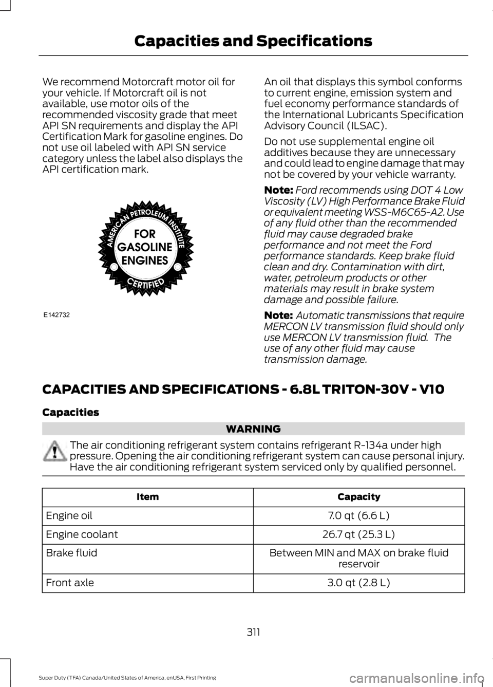 FORD F450 SUPER DUTY 2016 Owners Manual We recommend Motorcraft motor oil foryour vehicle. If Motorcraft oil is notavailable, use motor oils of therecommended viscosity grade that meetAPI SN requirements and display the APICertification Mar FORD F450 SUPER DUTY 2016 Owners Manual We recommend Motorcraft motor oil foryour vehicle. If Motorcraft oil is notavailable, use motor oils of therecommended viscosity grade that meetAPI SN requirements and display the APICertification Mar