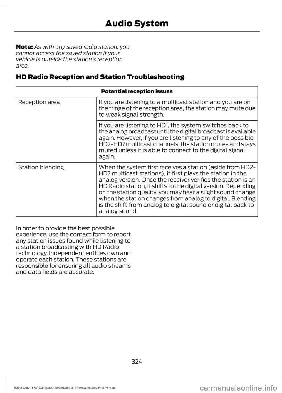 FORD F450 SUPER DUTY 2016  Owners Manual Note:As with any saved radio station, youcannot access the saved station if yourvehicle is outside the station’s receptionarea.
HD Radio Reception and Station Troubleshooting
Potential reception iss