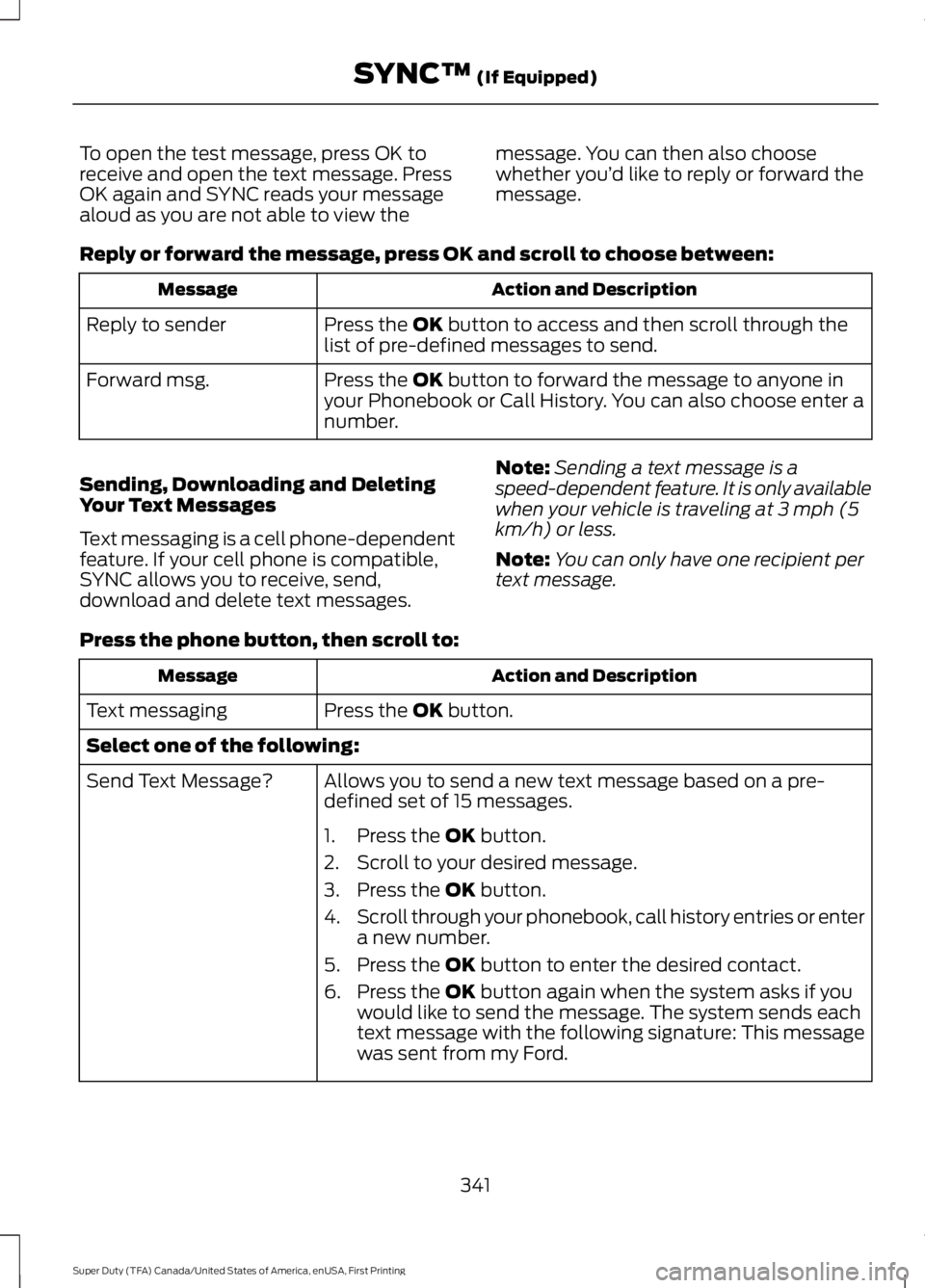 FORD F450 SUPER DUTY 2016  Owners Manual To open the test message, press OK toreceive and open the text message. PressOK again and SYNC reads your messagealoud as you are not able to view the
message. You can then also choosewhether you’d 