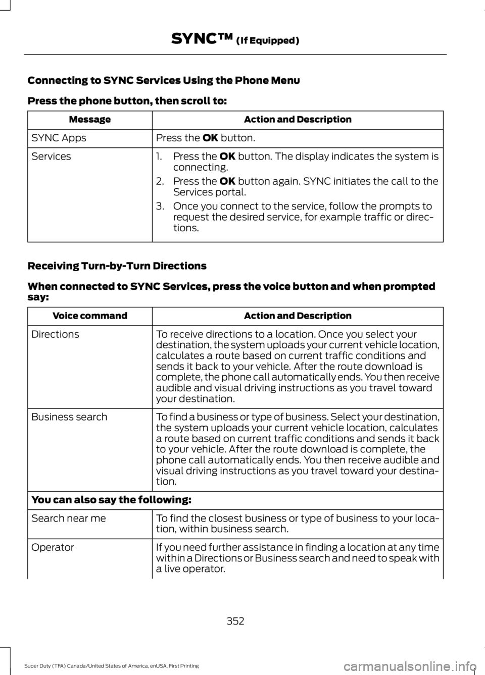 FORD F450 SUPER DUTY 2016 Owners Manual Connecting to SYNC Services Using the Phone Menu
Press the phone button, then scroll to:
Action and DescriptionMessage
Press the OK button.SYNC Apps
Services1. Press the OK button. The display indicat FORD F450 SUPER DUTY 2016 Owners Manual Connecting to SYNC Services Using the Phone Menu
Press the phone button, then scroll to:
Action and DescriptionMessage
Press the OK button.SYNC Apps
Services1. Press the OK button. The display indicat