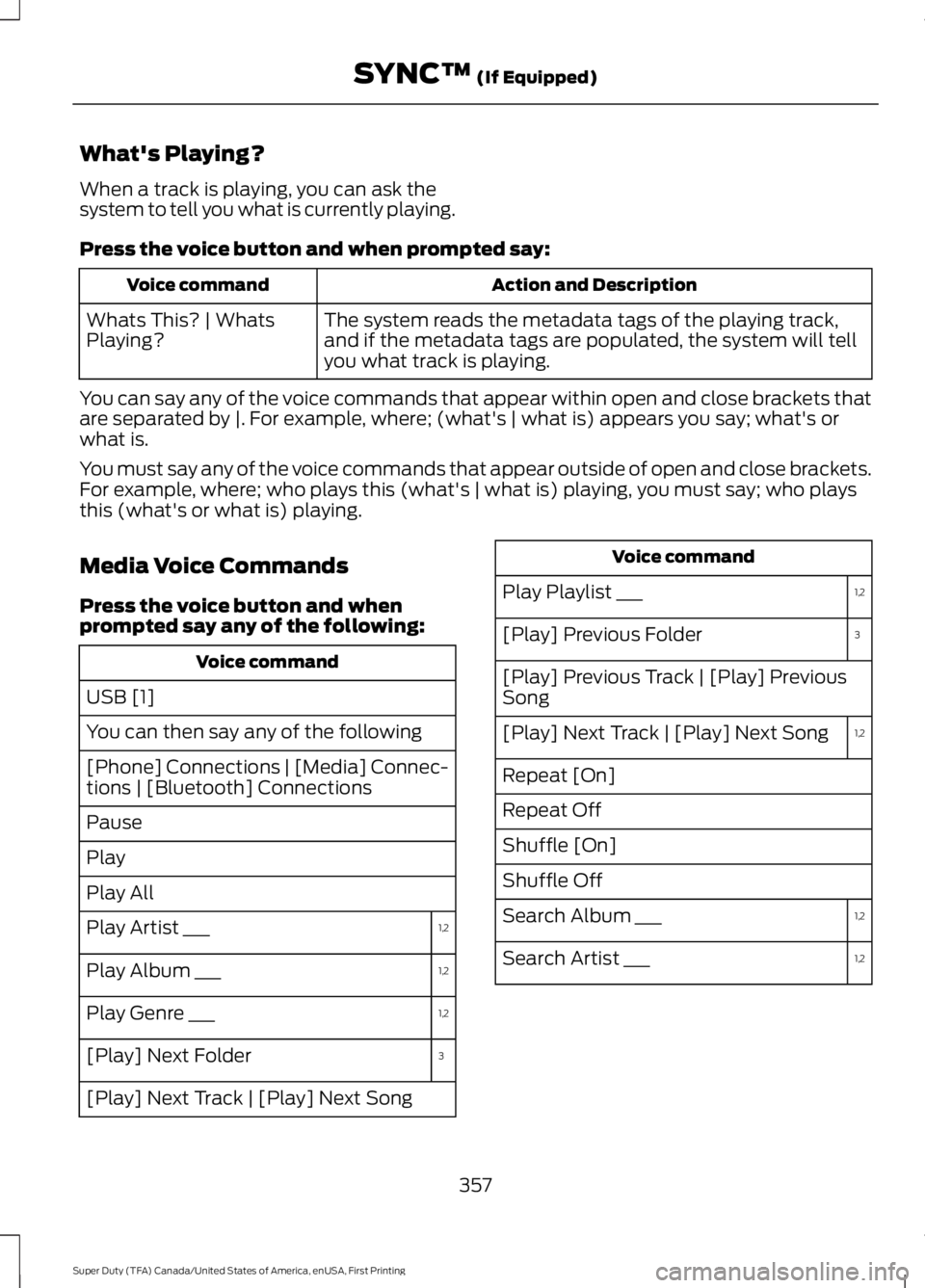 FORD F450 SUPER DUTY 2016 Owners Manual What's Playing?
When a track is playing, you can ask thesystem to tell you what is currently playing.
Press the voice button and when prompted say:
Action and DescriptionVoice command
The system r FORD F450 SUPER DUTY 2016 Owners Manual What's Playing?
When a track is playing, you can ask thesystem to tell you what is currently playing.
Press the voice button and when prompted say:
Action and DescriptionVoice command
The system r