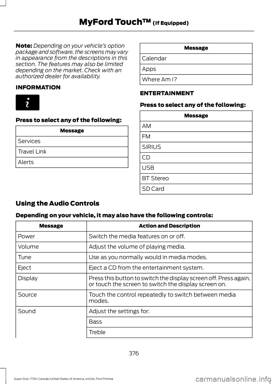 FORD F450 SUPER DUTY 2016 Owners Manual Note:Depending on your vehicle’s optionpackage and software, the screens may varyin appearance from the descriptions in thissection. The features may also be limiteddepending on the market. Check wi FORD F450 SUPER DUTY 2016 Owners Manual Note:Depending on your vehicle’s optionpackage and software, the screens may varyin appearance from the descriptions in thissection. The features may also be limiteddepending on the market. Check wi