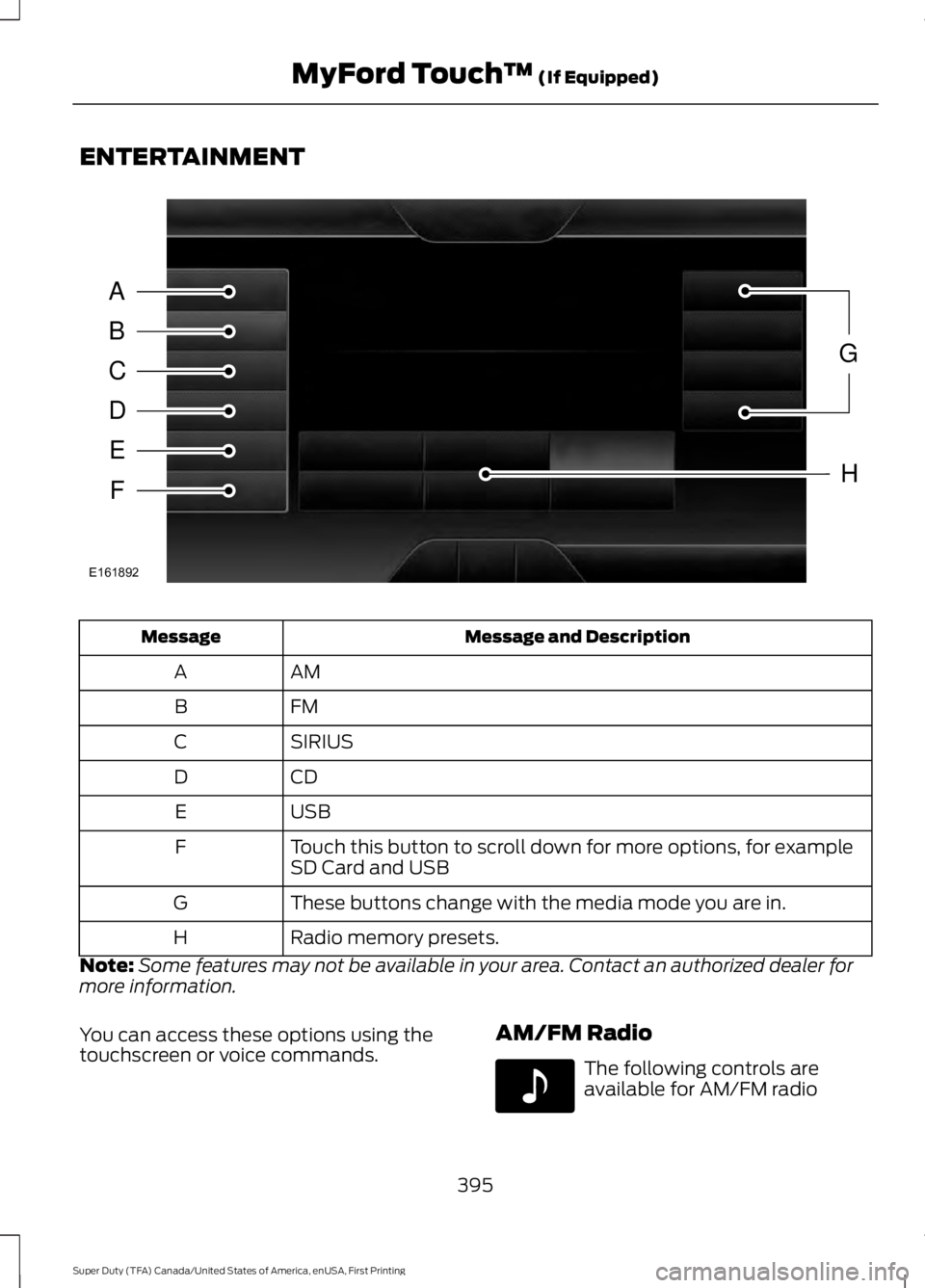 FORD F450 SUPER DUTY 2016  Owners Manual ENTERTAINMENT
Message and DescriptionMessage
AMA
FMB
SIRIUSC
CDD
USBE
Touch this button to scroll down for more options, for exampleSD Card and USBF
These buttons change with the media mode you are in