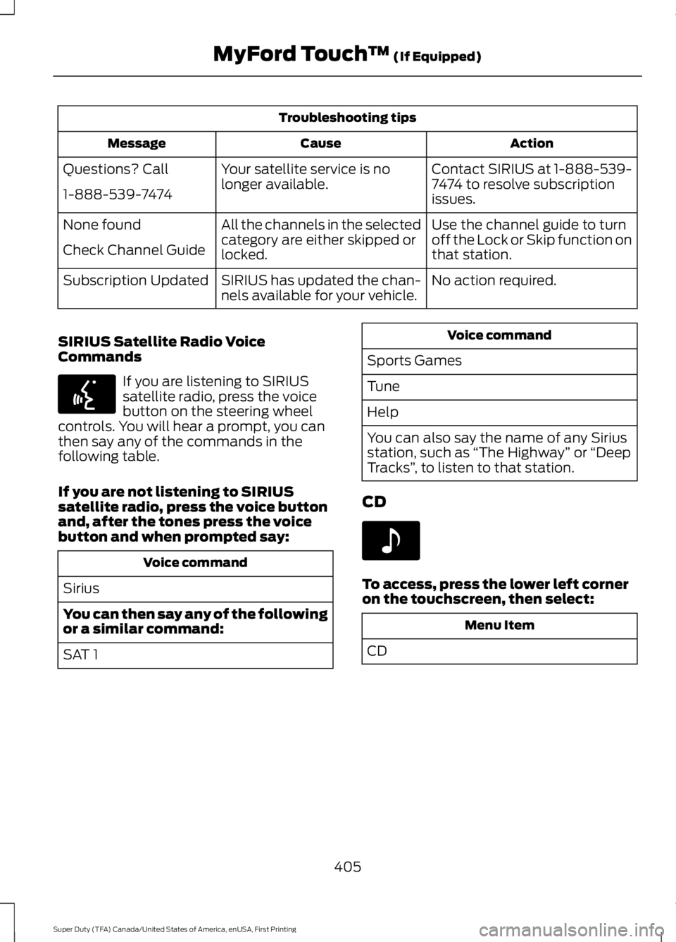 FORD F450 SUPER DUTY 2016  Owners Manual Troubleshooting tips
ActionCauseMessage
Contact SIRIUS at 1-888-539-7474 to resolve subscriptionissues.
Your satellite service is nolonger available.Questions? Call
1-888-539-7474
Use the channel guid