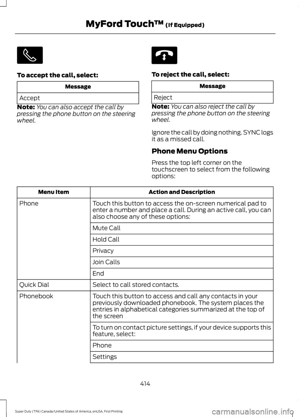FORD F450 SUPER DUTY 2016 Owners Manual To accept the call, select:
Message
Accept
Note:You can also accept the call bypressing the phone button on the steeringwheel.
To reject the call, select:
Message
Reject
Note:You can also reject the c FORD F450 SUPER DUTY 2016 Owners Manual To accept the call, select:
Message
Accept
Note:You can also accept the call bypressing the phone button on the steeringwheel.
To reject the call, select:
Message
Reject
Note:You can also reject the c