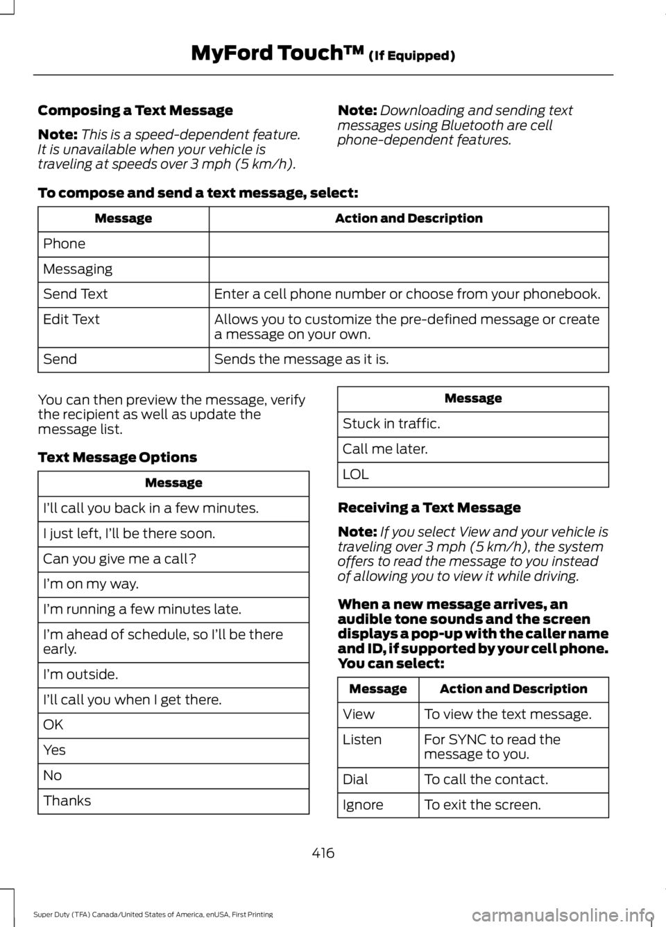 FORD F450 SUPER DUTY 2016 Owners Manual Composing a Text Message
Note:This is a speed-dependent feature.It is unavailable when your vehicle istraveling at speeds over 3 mph (5 km/h).
Note:Downloading and sending textmessages using Bluetooth FORD F450 SUPER DUTY 2016 Owners Manual Composing a Text Message
Note:This is a speed-dependent feature.It is unavailable when your vehicle istraveling at speeds over 3 mph (5 km/h).
Note:Downloading and sending textmessages using Bluetooth