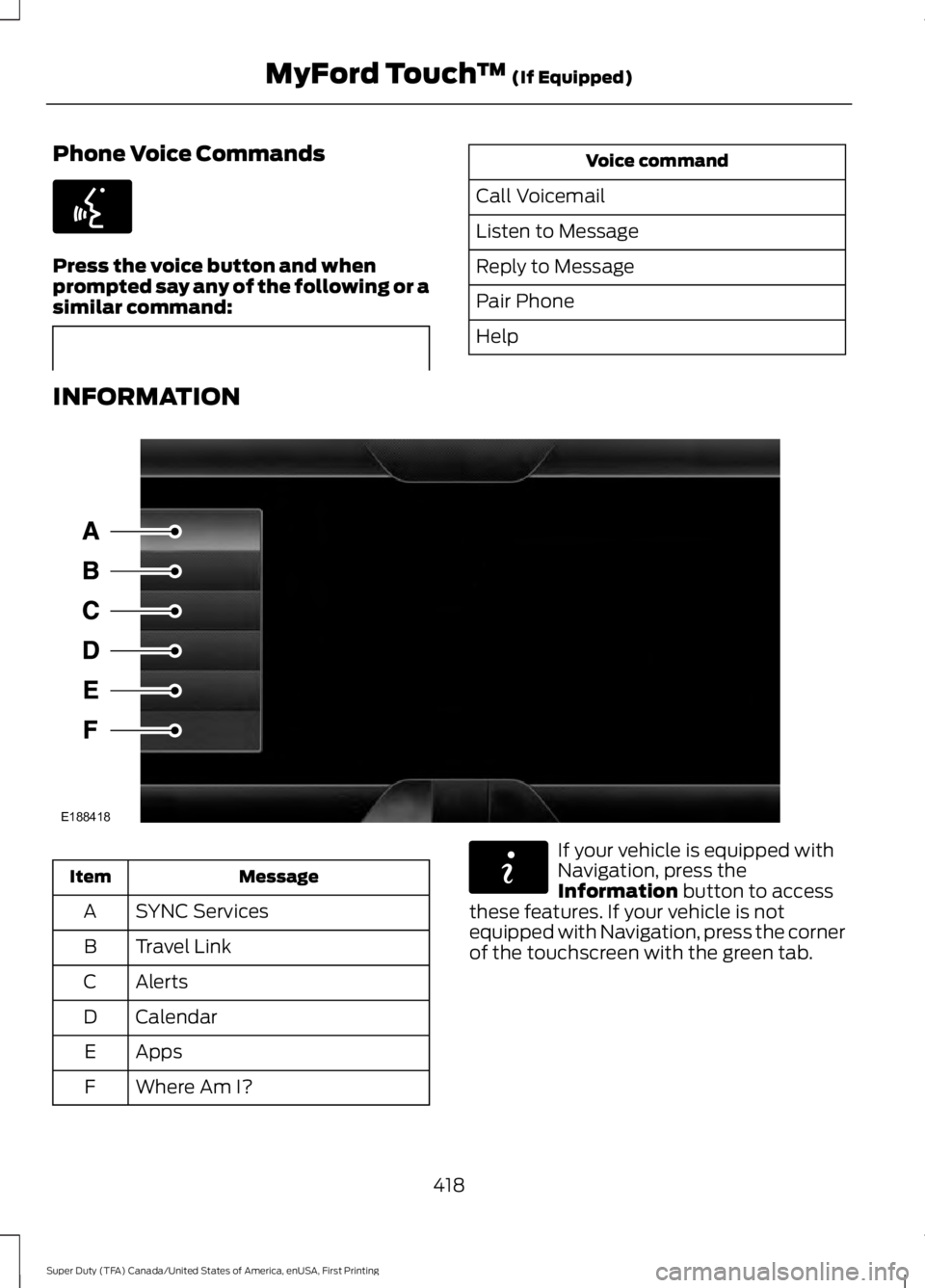FORD F450 SUPER DUTY 2016 Owners Manual Phone Voice Commands
Press the voice button and whenprompted say any of the following or asimilar command:
Voice command
Call Voicemail
Listen to Message
Reply to Message
Pair Phone
Help
INFORMATION
M FORD F450 SUPER DUTY 2016 Owners Manual Phone Voice Commands
Press the voice button and whenprompted say any of the following or asimilar command:
Voice command
Call Voicemail
Listen to Message
Reply to Message
Pair Phone
Help
INFORMATION
M