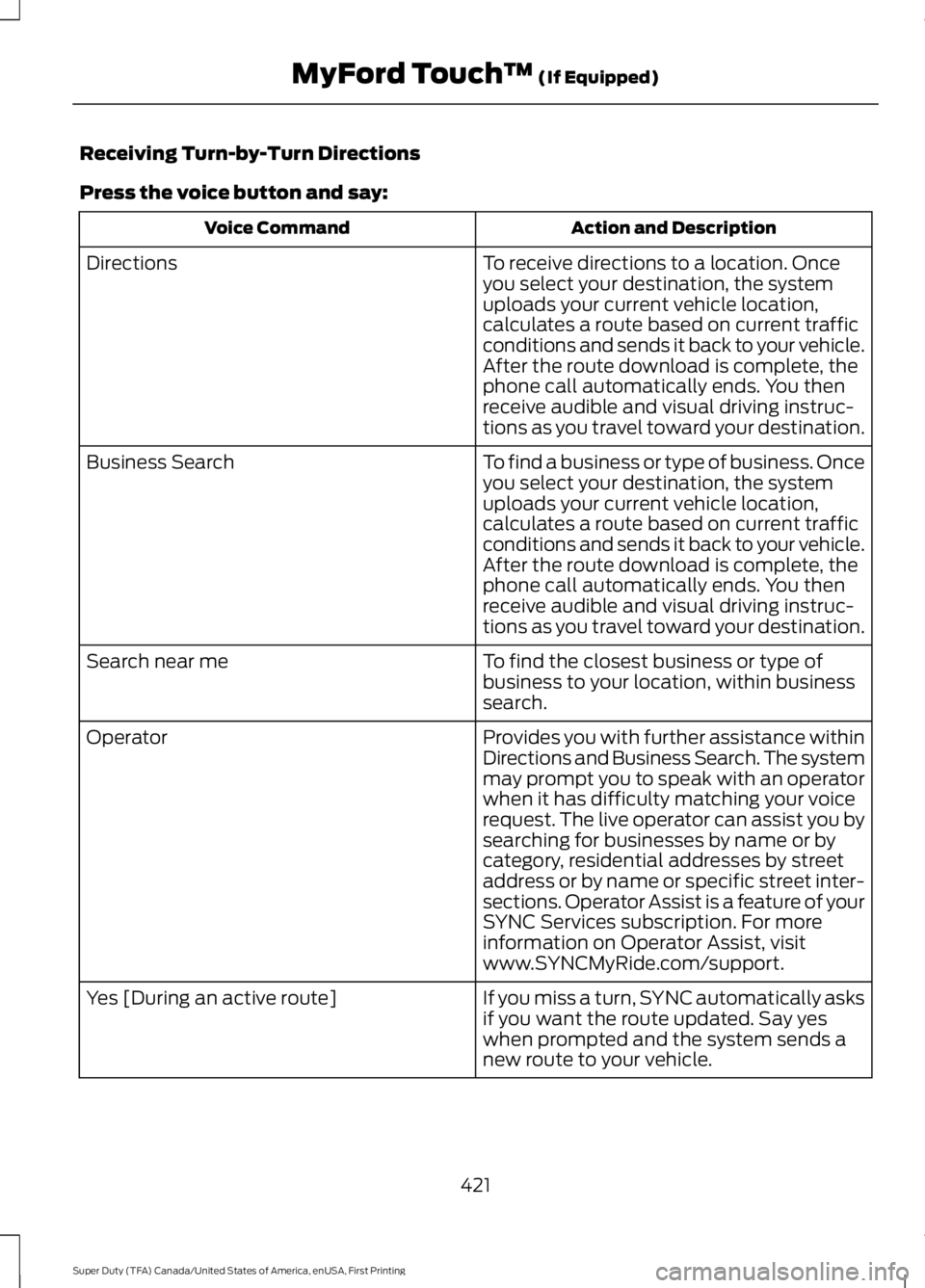 FORD F450 SUPER DUTY 2016 Owners Manual Receiving Turn-by-Turn Directions
Press the voice button and say:
Action and DescriptionVoice Command
To receive directions to a location. Onceyou select your destination, the systemuploads your curre FORD F450 SUPER DUTY 2016 Owners Manual Receiving Turn-by-Turn Directions
Press the voice button and say:
Action and DescriptionVoice Command
To receive directions to a location. Onceyou select your destination, the systemuploads your curre