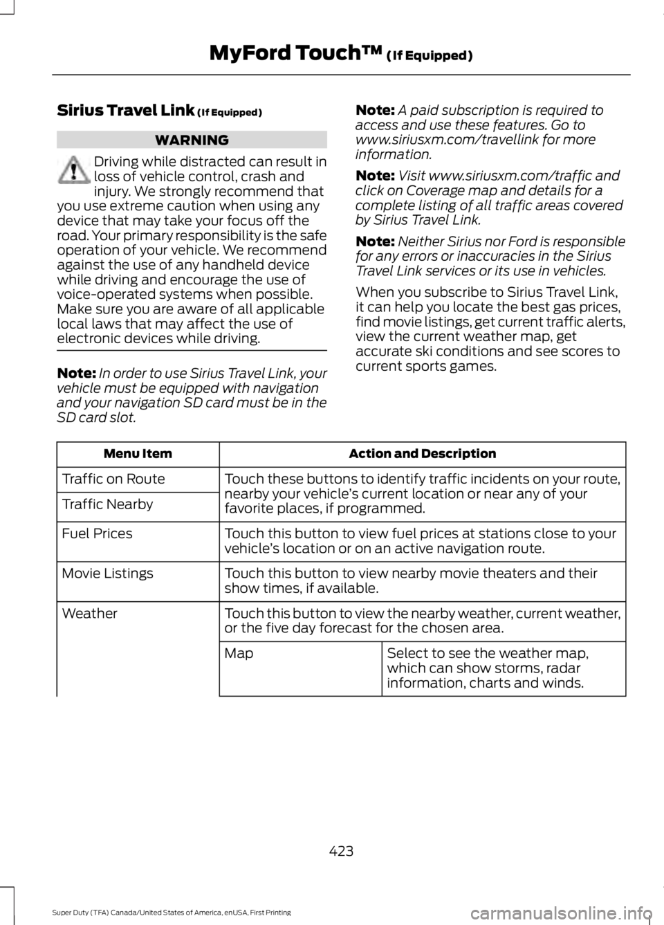 FORD F450 SUPER DUTY 2016 Owners Manual Sirius Travel Link (If Equipped)
WARNING
Driving while distracted can result inloss of vehicle control, crash andinjury. We strongly recommend thatyou use extreme caution when using anydevice that may FORD F450 SUPER DUTY 2016 Owners Manual Sirius Travel Link (If Equipped)
WARNING
Driving while distracted can result inloss of vehicle control, crash andinjury. We strongly recommend thatyou use extreme caution when using anydevice that may