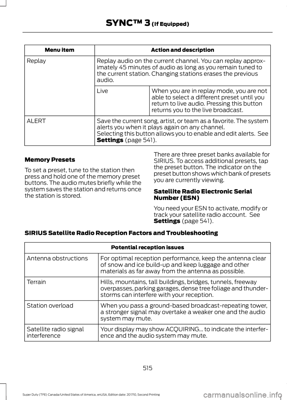 FORD F450 SUPER DUTY 2017 Owners Manual Action and descriptionMenu item
Replay audio on the current channel. You can replay approx-imately 45 minutes of audio as long as you remain tuned tothe current station. Changing stations erases the p FORD F450 SUPER DUTY 2017 Owners Manual Action and descriptionMenu item
Replay audio on the current channel. You can replay approx-imately 45 minutes of audio as long as you remain tuned tothe current station. Changing stations erases the p