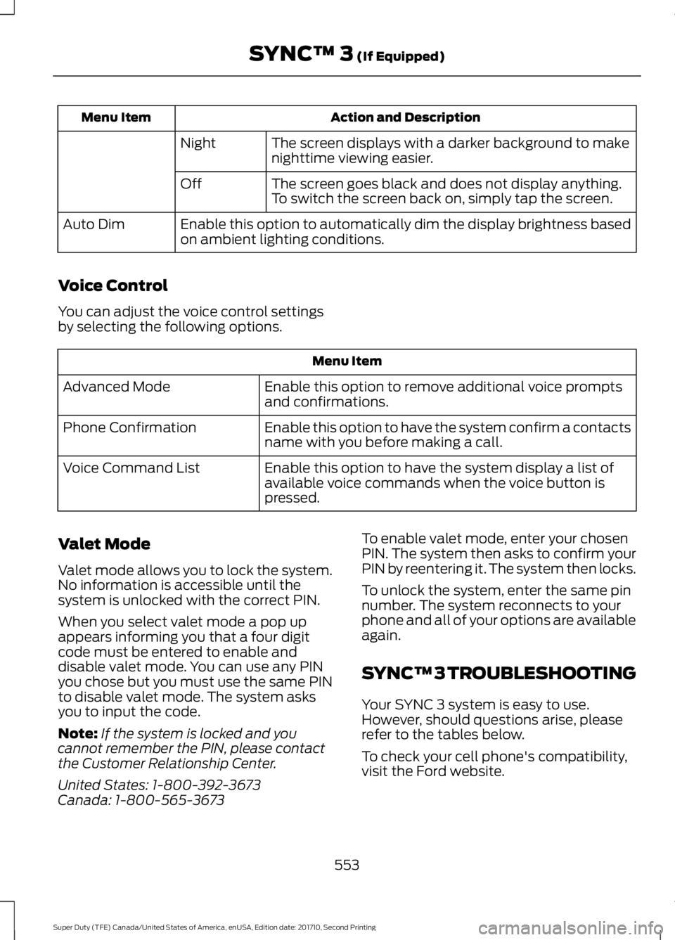 FORD F450 SUPER DUTY 2017 Owners Manual Action and DescriptionMenu Item
The screen displays with a darker background to makenighttime viewing easier.Night
The screen goes black and does not display anything.To switch the screen back on, sim FORD F450 SUPER DUTY 2017 Owners Manual Action and DescriptionMenu Item
The screen displays with a darker background to makenighttime viewing easier.Night
The screen goes black and does not display anything.To switch the screen back on, sim