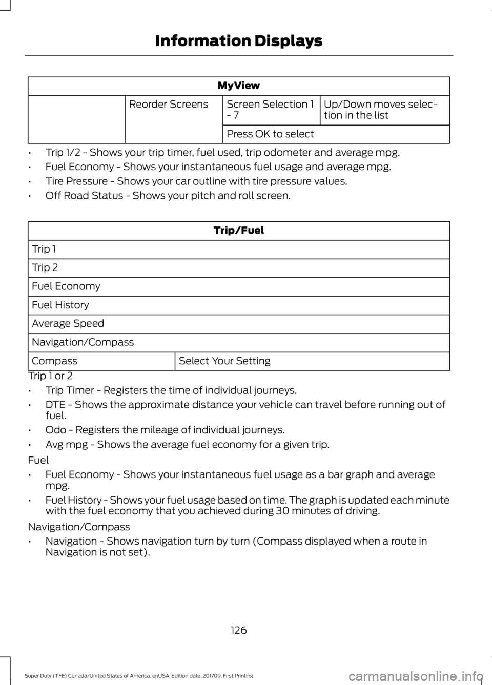FORD F450 SUPER DUTY 2018  Owners Manual MyView
Up/Down moves selec-
tion in the list
Screen Selection 1
- 7
Reorder Screens
Press OK to select
• Trip 1/2 - Shows your trip timer, fuel used, trip odometer and average mpg.
• Fuel Economy 