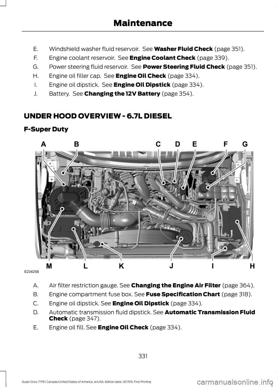 FORD F450 SUPER DUTY 2018 Owners Manual Windshield washer fluid reservoir. See Washer Fluid Check (page 351).
E.
Engine coolant reservoir. See
Engine Coolant Check (page 339).
F.
Power steering fluid reservoir. See
Power Steering Fluid FORD F450 SUPER DUTY 2018 Owners Manual Windshield washer fluid reservoir. See Washer Fluid Check (page 351).
E.
Engine coolant reservoir. See
Engine Coolant Check (page 339).
F.
Power steering fluid reservoir. See
Power Steering Fluid