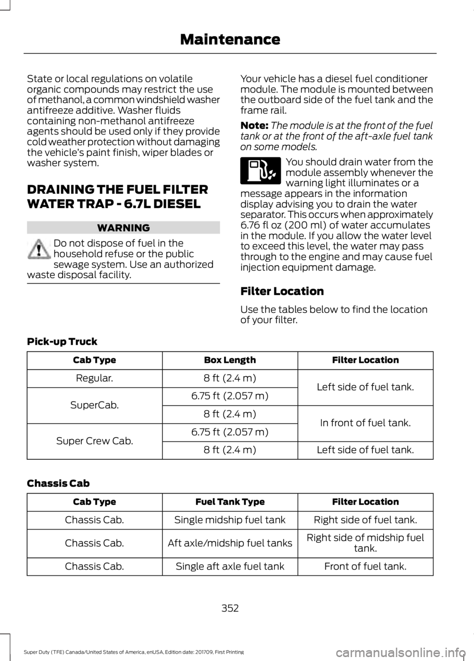 FORD F450 SUPER DUTY 2018 Owners Manual State or local regulations on volatile
organic compounds may restrict the use
of methanol, a common windshield washer
antifreeze additive. Washer fluids
containing non-methanol antifreeze
agents shoul FORD F450 SUPER DUTY 2018 Owners Manual State or local regulations on volatile
organic compounds may restrict the use
of methanol, a common windshield washer
antifreeze additive. Washer fluids
containing non-methanol antifreeze
agents shoul