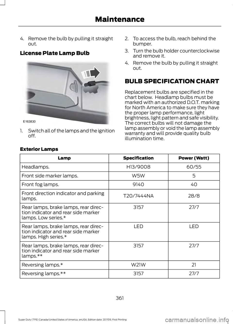 FORD F450 SUPER DUTY 2018 Owners Manual 4. Remove the bulb by pulling it straight
out.
License Plate Lamp Bulb 1.
Switch all of the lamps and the ignition
off. 2. To access the bulb, reach behind the
bumper.
3. Turn the bulb holder counterc FORD F450 SUPER DUTY 2018 Owners Manual 4. Remove the bulb by pulling it straight
out.
License Plate Lamp Bulb 1.
Switch all of the lamps and the ignition
off. 2. To access the bulb, reach behind the
bumper.
3. Turn the bulb holder counterc