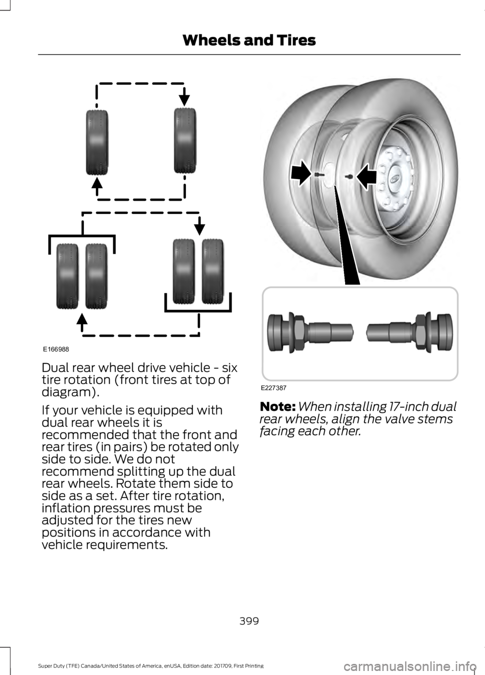 FORD F450 SUPER DUTY 2018 Owners Manual Dual rear wheel drive vehicle - six
tire rotation (front tires at top of
diagram).
If your vehicle is equipped with
dual rear wheels it is
recommended that the front and
rear tires (in pairs) be rotat FORD F450 SUPER DUTY 2018 Owners Manual Dual rear wheel drive vehicle - six
tire rotation (front tires at top of
diagram).
If your vehicle is equipped with
dual rear wheels it is
recommended that the front and
rear tires (in pairs) be rotat