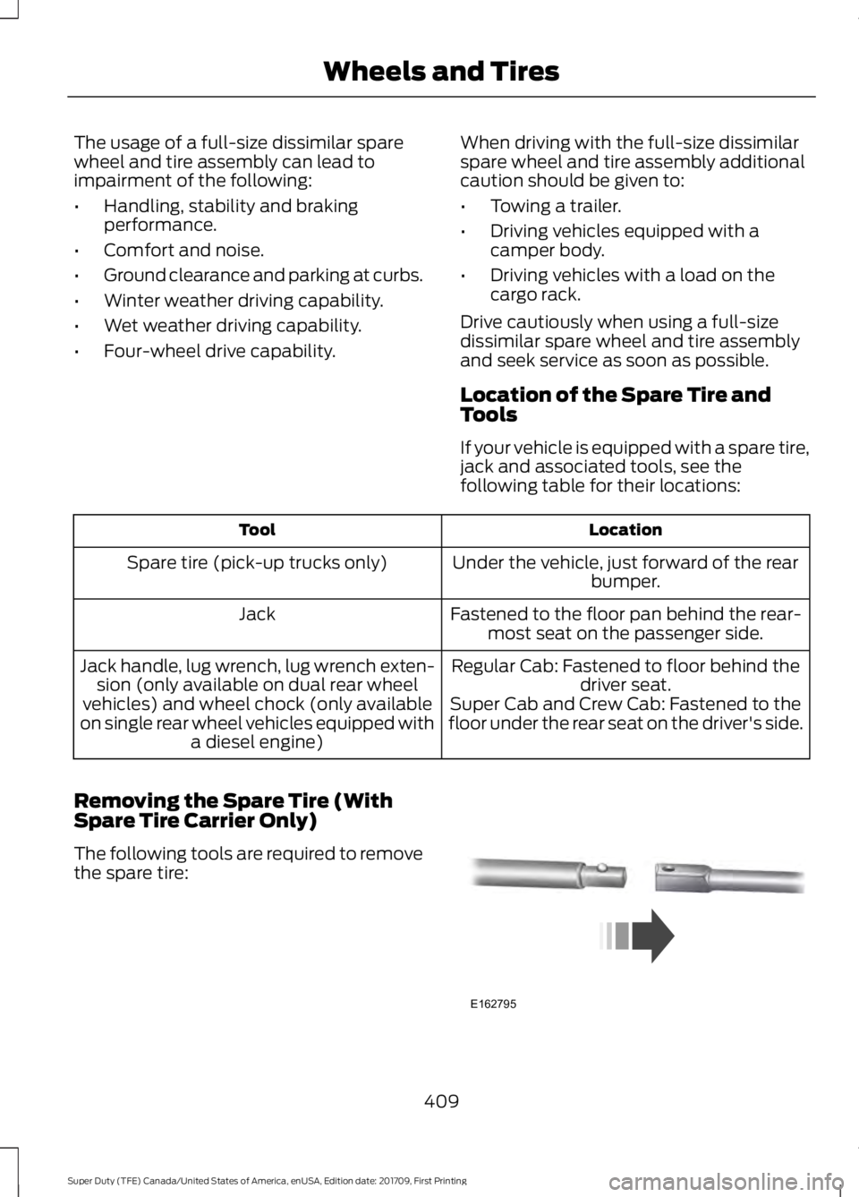 FORD F450 SUPER DUTY 2018 Owners Manual The usage of a full-size dissimilar spare
wheel and tire assembly can lead to
impairment of the following:
•
Handling, stability and braking
performance.
• Comfort and noise.
• Ground clearance FORD F450 SUPER DUTY 2018 Owners Manual The usage of a full-size dissimilar spare
wheel and tire assembly can lead to
impairment of the following:
•
Handling, stability and braking
performance.
• Comfort and noise.
• Ground clearance