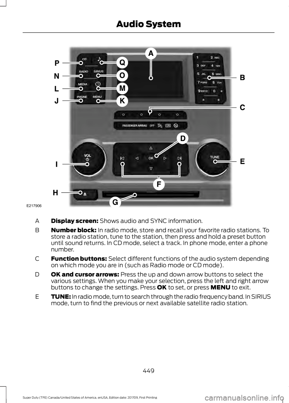 FORD F450 SUPER DUTY 2018 Owners Manual Display screen: Shows audio and SYNC information.
A
Number block:
In radio mode, store and recall your favorite radio stations. To
store a radio station, tune to the station, then press and hold a pr FORD F450 SUPER DUTY 2018 Owners Manual Display screen: Shows audio and SYNC information.
A
Number block:
In radio mode, store and recall your favorite radio stations. To
store a radio station, tune to the station, then press and hold a pr