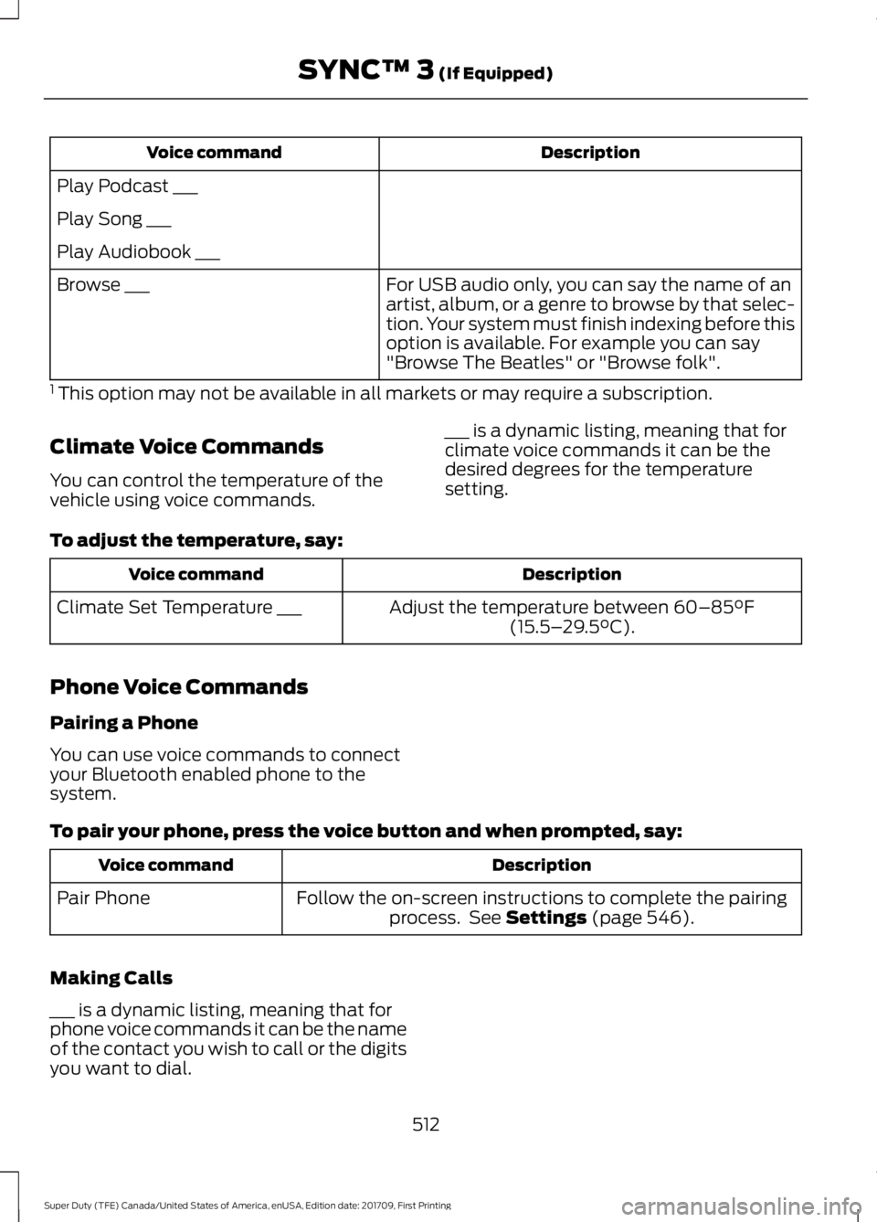 FORD F450 SUPER DUTY 2018  Owners Manual Description
Voice command
Play Podcast ___
Play Song ___
Play Audiobook ___ For USB audio only, you can say the name of an
artist, album, or a genre to browse by that selec-
tion. Your system must fin