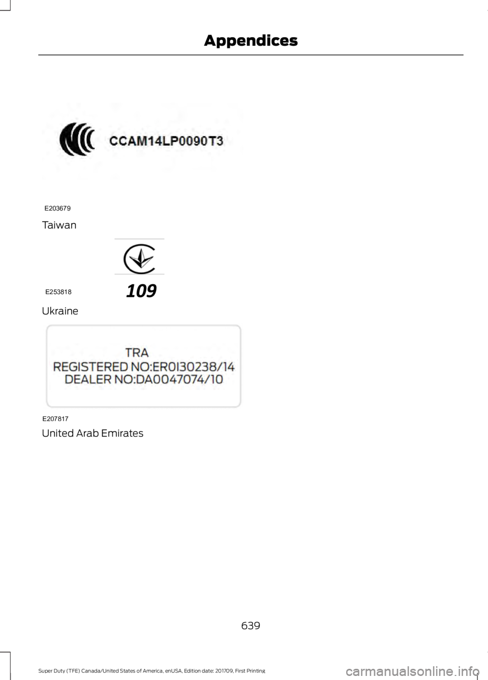 FORD F450 SUPER DUTY 2018 Owners Manual Taiwan
Ukraine
United Arab Emirates
639
Super Duty (TFE) Canada/United States of America, enUSA, Edition date: 201709, First Printing AppendicesE203679 E253818 E207817 FORD F450 SUPER DUTY 2018 Owners Manual Taiwan
Ukraine
United Arab Emirates
639
Super Duty (TFE) Canada/United States of America, enUSA, Edition date: 201709, First Printing AppendicesE203679 E253818 E207817