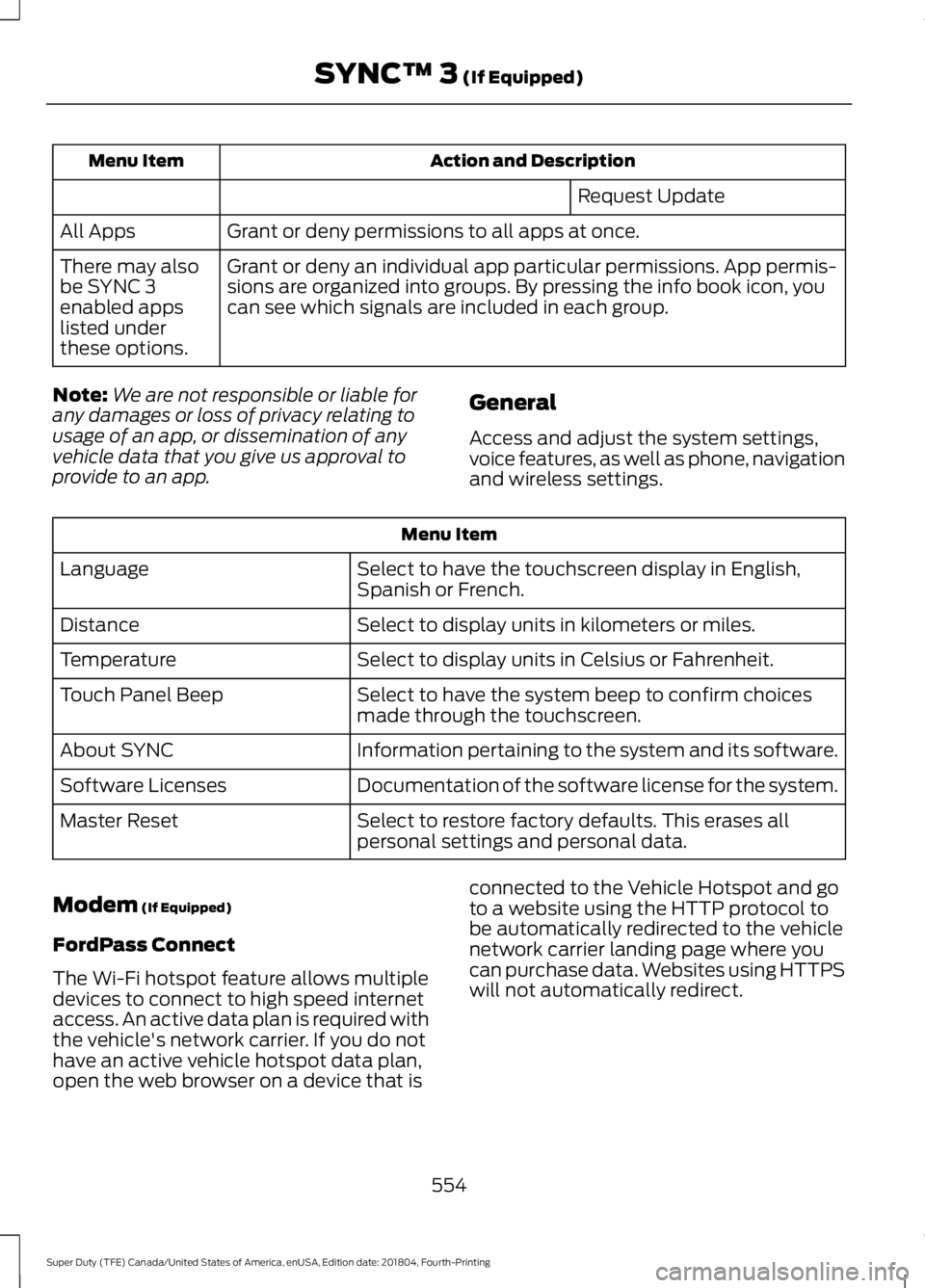 FORD F450 SUPER DUTY 2019 Owners Manual Action and Description
Menu Item
Request Update
Grant or deny permissions to all apps at once.
All Apps
Grant or deny an individual app particular permissions. App permis-
sions are organized into gro FORD F450 SUPER DUTY 2019 Owners Manual Action and Description
Menu Item
Request Update
Grant or deny permissions to all apps at once.
All Apps
Grant or deny an individual app particular permissions. App permis-
sions are organized into gro