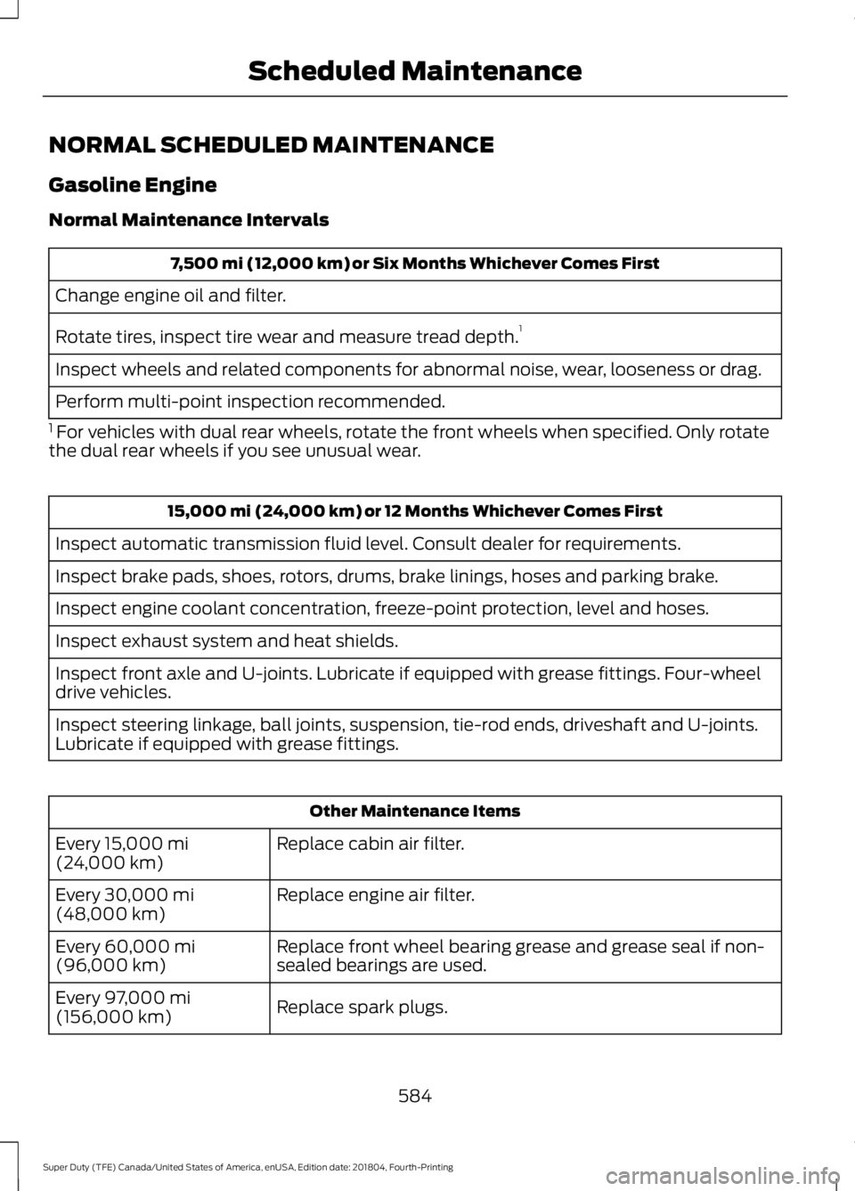 FORD F450 SUPER DUTY 2019 Owners Manual NORMAL SCHEDULED MAINTENANCE
Gasoline Engine
Normal Maintenance Intervals
7,500 mi (12,000 km) or Six Months Whichever Comes First
Change engine oil and filter.
Rotate tires, inspect tire wear and mea FORD F450 SUPER DUTY 2019 Owners Manual NORMAL SCHEDULED MAINTENANCE
Gasoline Engine
Normal Maintenance Intervals
7,500 mi (12,000 km) or Six Months Whichever Comes First
Change engine oil and filter.
Rotate tires, inspect tire wear and mea
