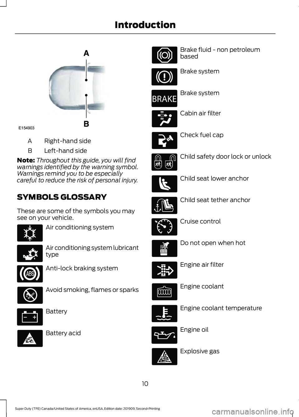 FORD F450 SUPER DUTY 2020  Owners Manual Right-hand side
A
Left-hand side
B
Note: Throughout this guide, you will find
warnings identified by the warning symbol.
Warnings remind you to be especially
careful to reduce the risk of personal inj