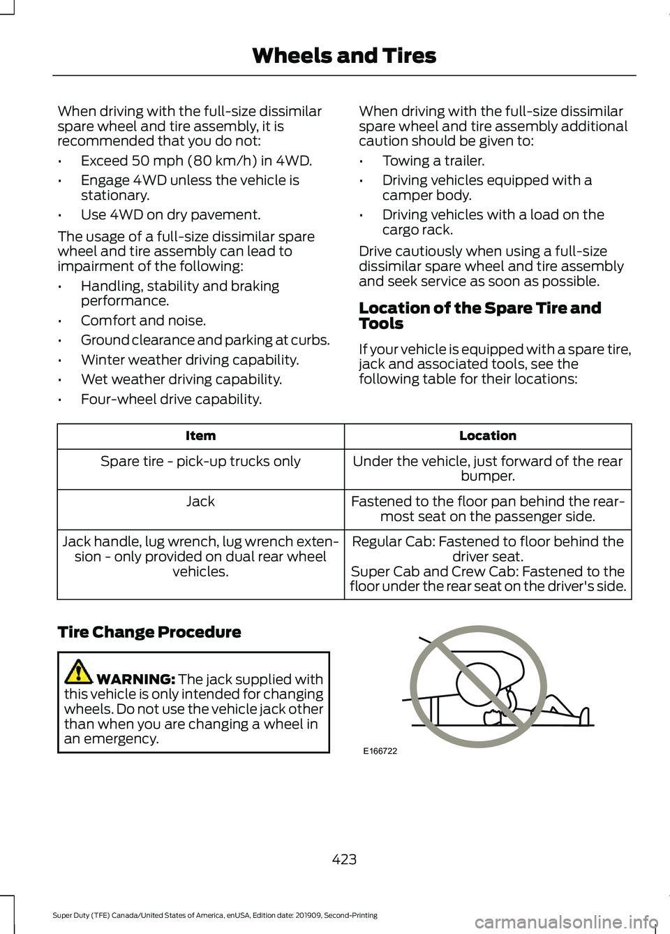 FORD F450 SUPER DUTY 2020 Owners Manual When driving with the full-size dissimilar
spare wheel and tire assembly, it is
recommended that you do not:
•
Exceed 50 mph (80 km/h) in 4WD.
• Engage 4WD unless the vehicle is
stationary.
• Us FORD F450 SUPER DUTY 2020 Owners Manual When driving with the full-size dissimilar
spare wheel and tire assembly, it is
recommended that you do not:
•
Exceed 50 mph (80 km/h) in 4WD.
• Engage 4WD unless the vehicle is
stationary.
• Us