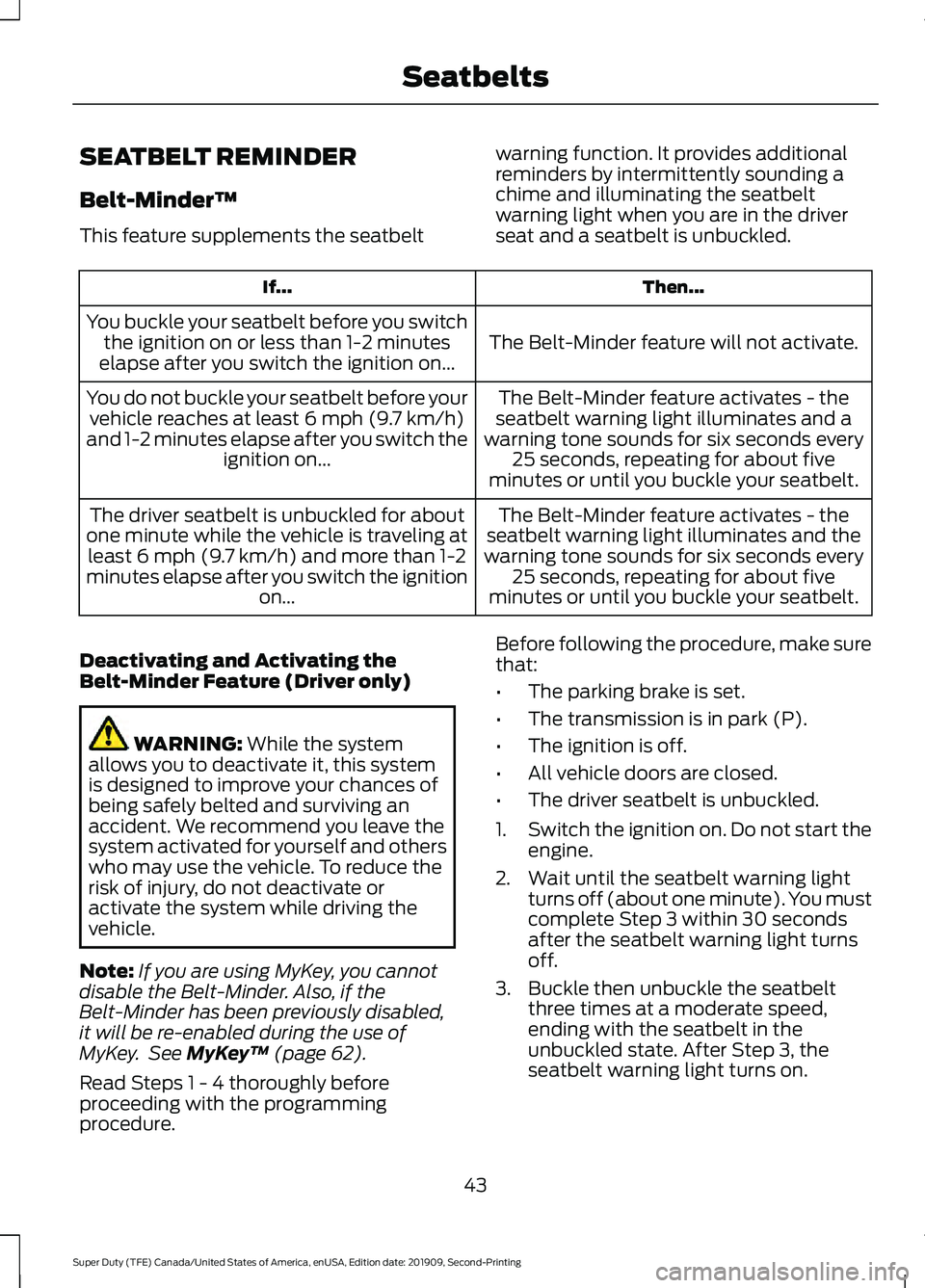 FORD F450 SUPER DUTY 2020 Service Manual SEATBELT REMINDER
Belt-Minder™
This feature supplements the seatbelt
warning function. It provides additional
reminders by intermittently sounding a
chime and illuminating the seatbelt
warning light FORD F450 SUPER DUTY 2020 Service Manual SEATBELT REMINDER
Belt-Minder™
This feature supplements the seatbelt
warning function. It provides additional
reminders by intermittently sounding a
chime and illuminating the seatbelt
warning light