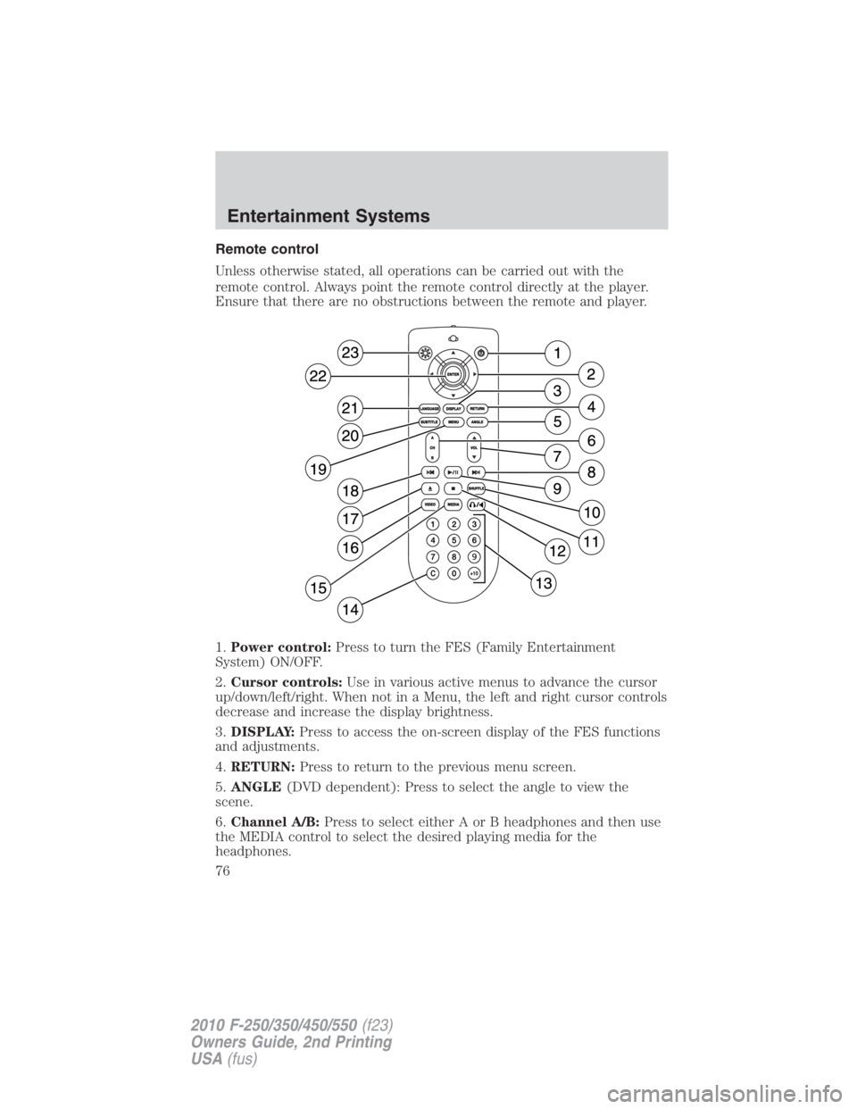 FORD F550 2010 Manual PDF Remote control
Unless otherwise stated, all operations can be carried out with the
remote control. Always point the remote control directly at the player.
Ensure that there are no obstructions between