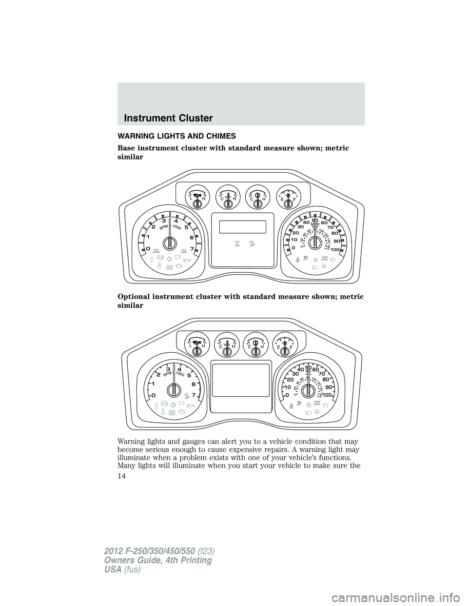 FORD F550 2012 User Guide WARNING LIGHTS AND CHIMES
Base instrument cluster with standard measure shown; metric
similar
Optional instrument cluster with standard measure shown; metric
similar
Warning lights and gauges can aler