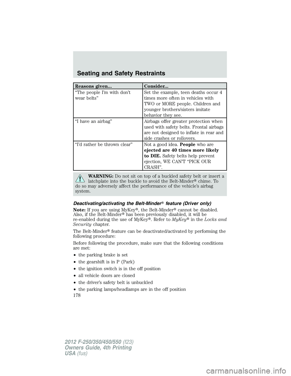 FORD F550 2012  Owners Manual Reasons given... Consider...
“The people I’m with don’t
wear belts” Set the example, teen deaths occur 4
times more often in vehicles with
TWO or MORE people. Children and
younger brothers/sis