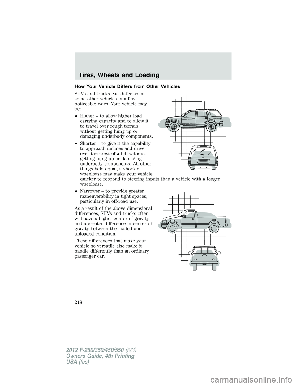 FORD F550 2012 Owners Manual How Your Vehicle Differs from Other Vehicles
SUVs and trucks can differ from
some other vehicles in a few
noticeable ways. Your vehicle may
be:
• Higher – to allow higher load
carrying capacity an FORD F550 2012 Owners Manual How Your Vehicle Differs from Other Vehicles
SUVs and trucks can differ from
some other vehicles in a few
noticeable ways. Your vehicle may
be:
• Higher – to allow higher load
carrying capacity an