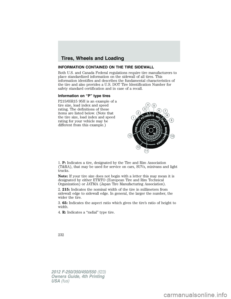FORD F550 2012 Owners Manual INFORMATION CONTAINED ON THE TIRE SIDEWALL
Both U.S. and Canada Federal regulations require tire manufacturers to
place standardized information on the sidewall of all tires. This
information identifi FORD F550 2012 Owners Manual INFORMATION CONTAINED ON THE TIRE SIDEWALL
Both U.S. and Canada Federal regulations require tire manufacturers to
place standardized information on the sidewall of all tires. This
information identifi