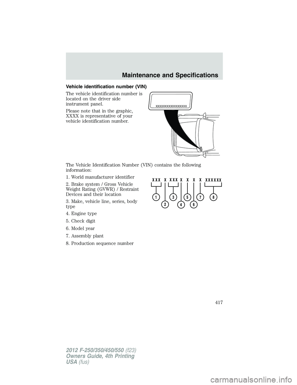 FORD F550 2012  Owners Manual Vehicle identification number (VIN)
The vehicle identification number is
located on the driver side
instrument panel.
Please note that in the graphic,
XXXX is representative of your
vehicle identifica