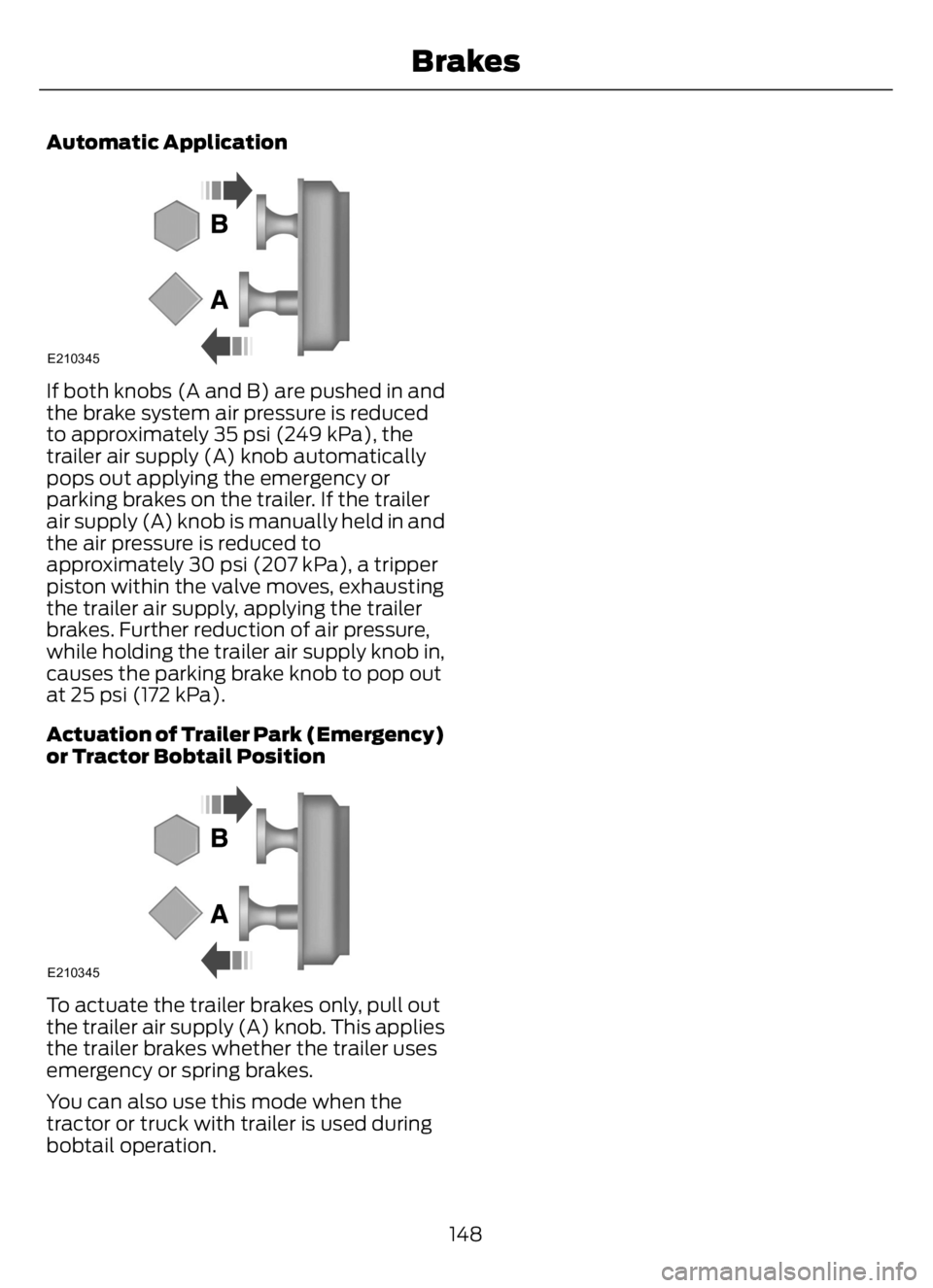 FORD F650/750 2023 Owners Manual Automatic Application
E210345
If both knobs (A and B) are pushed in and
the brake system air pressure is reduced
to approximately 35 psi (249 kPa), the
trailer air supply (A) knob automatically
pops o FORD F650/750 2023 Owners Manual Automatic Application
E210345
If both knobs (A and B) are pushed in and
the brake system air pressure is reduced
to approximately 35 psi (249 kPa), the
trailer air supply (A) knob automatically
pops o