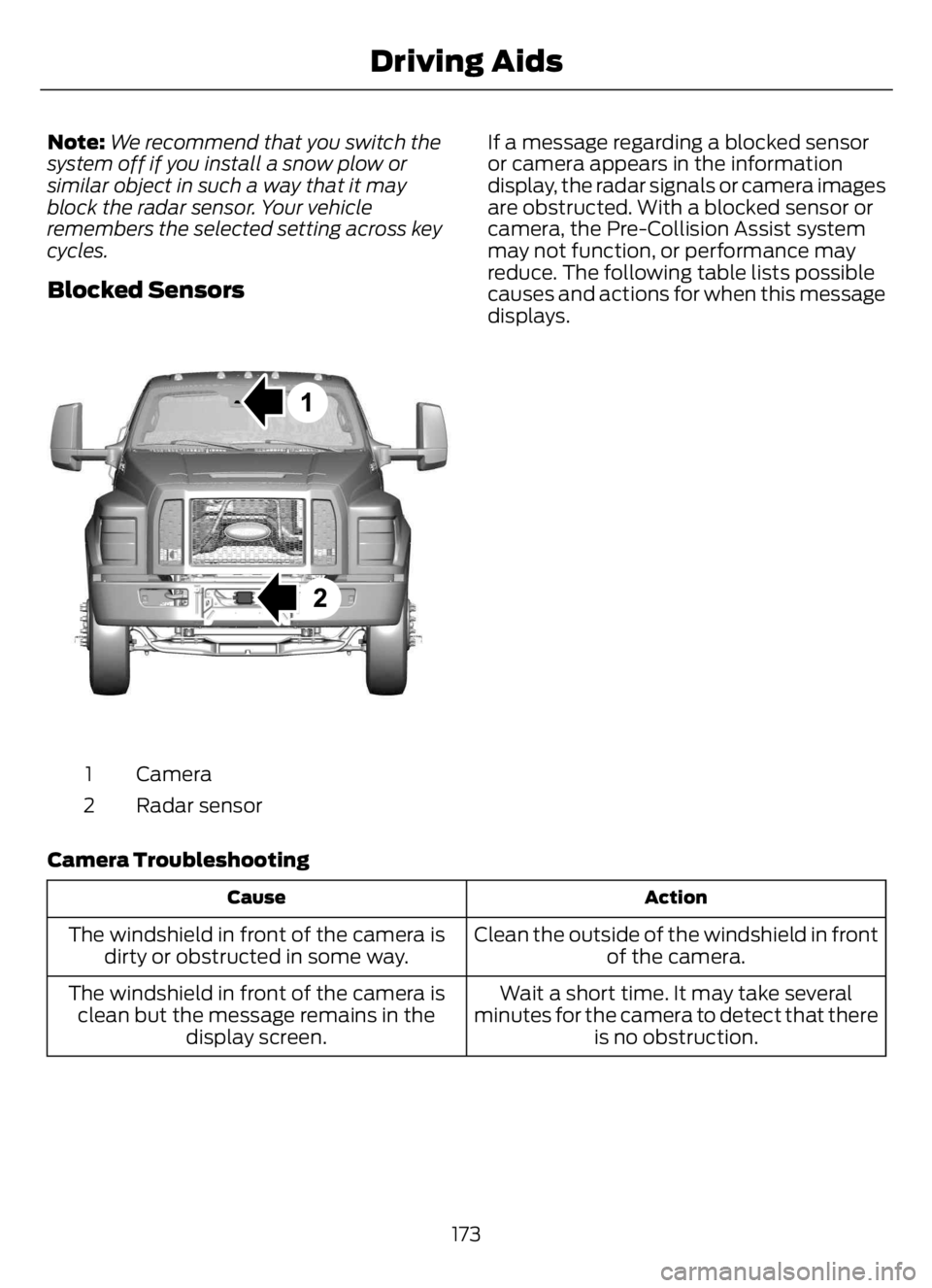 FORD F650/750 2023 Owners Manual Note:We recommend that you switch the
system off if you install a snow plow or
similar object in such a way that it may
block the radar sensor. Your vehicle
remembers the selected setting across key
c FORD F650/750 2023 Owners Manual Note:We recommend that you switch the
system off if you install a snow plow or
similar object in such a way that it may
block the radar sensor. Your vehicle
remembers the selected setting across key
c