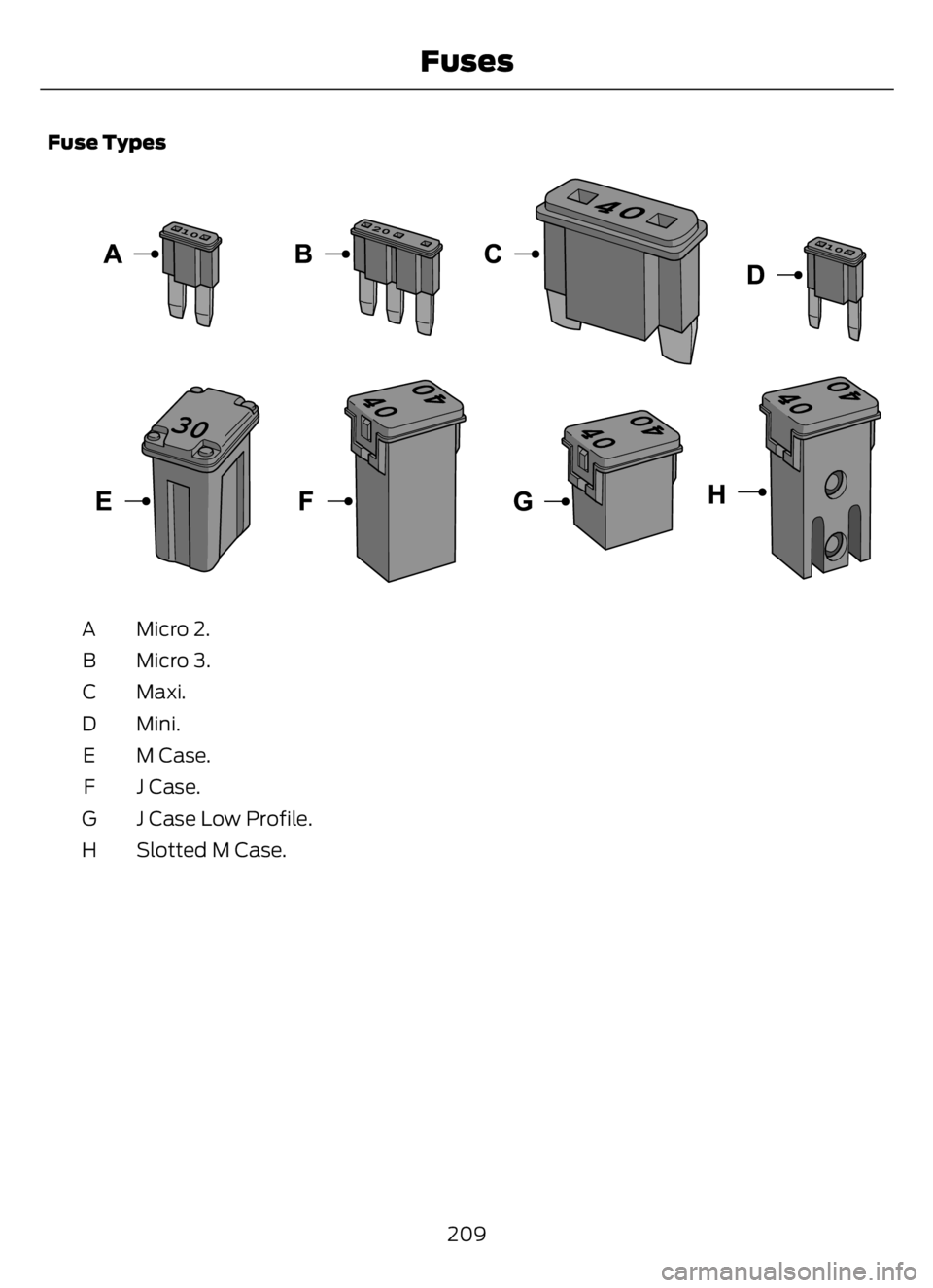 FORD F650/750 2023 Owners Manual Fuse Types
E267379E267379
Micro 2. A
Micro 3. B
Maxi. C
Mini. D
M Case. E
J Case. F
J Case Low Profile. G
Slotted M Case. H
209
Fuses FORD F650/750 2023 Owners Manual Fuse Types
E267379E267379
Micro 2. A
Micro 3. B
Maxi. C
Mini. D
M Case. E
J Case. F
J Case Low Profile. G
Slotted M Case. H
209
Fuses