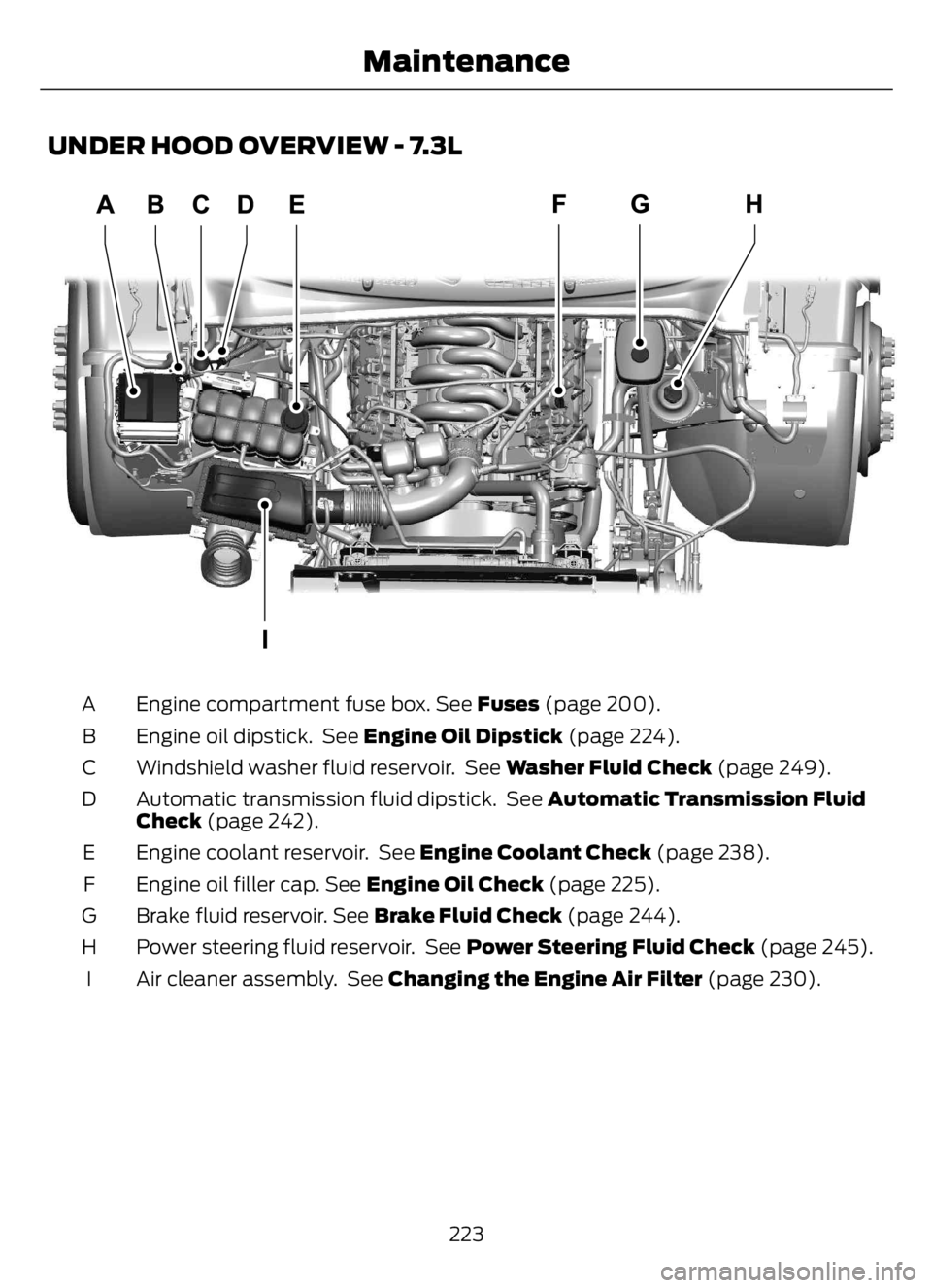 FORD F650/750 2023 Owners Manual UNDER HOOD OVERVIEW - 7.3L
E330964E330964
Engine compartment fuse box. See Fuses (page 200). A
Engine oil dipstick. See Engine Oil Dipstick (page 224). B
Windshield washer fluid reservoir. See Washe FORD F650/750 2023 Owners Manual UNDER HOOD OVERVIEW - 7.3L
E330964E330964
Engine compartment fuse box. See Fuses (page 200). A
Engine oil dipstick. See Engine Oil Dipstick (page 224). B
Windshield washer fluid reservoir. See Washe