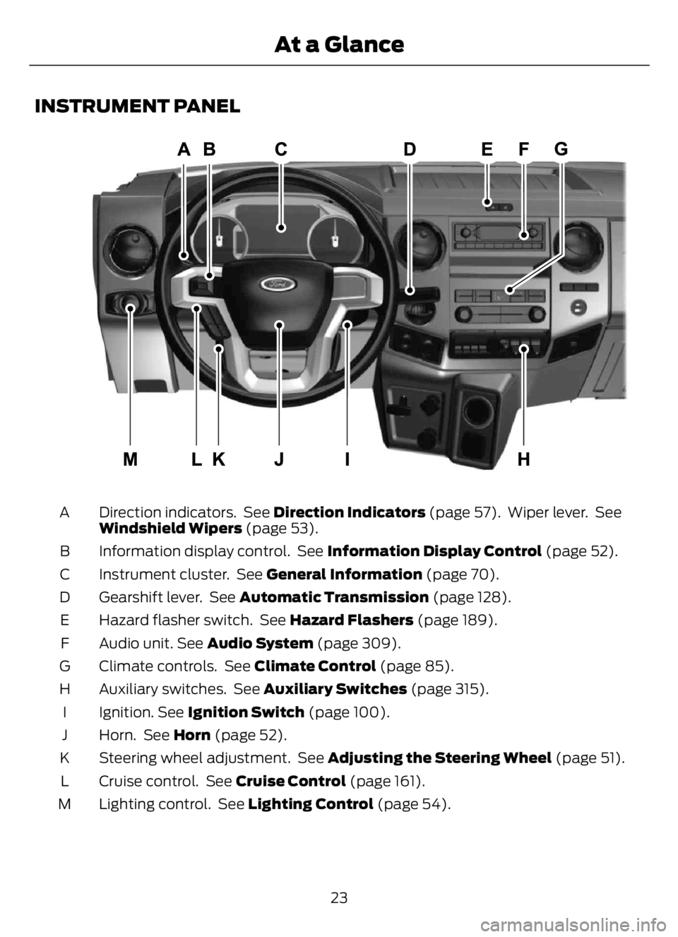FORD F650/750 2023  Owners Manual INSTRUMENT PANEL
E307565E307565
Direction indicators.  See Direction Indicators (page 57).  Wiper lever.  See
Windshield Wipers (page 53). A
Information display control.  See Information Display Contr