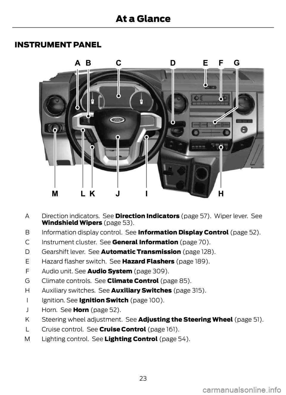 FORD F650/750 2023  Owners Manual INSTRUMENT PANEL
E307565E307565
Direction indicators.  See Direction Indicators (page 57).  Wiper lever.  See
Windshield Wipers (page 53). A
Information display control.  See Information Display Contr