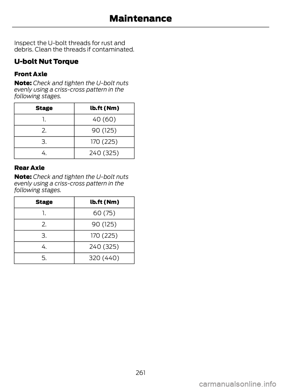 FORD F650/750 2023 Owners Manual Inspect the U-bolt threads for rust and
debris. Clean the threads if contaminated.
U-bolt Nut Torque
Front Axle
Note:Check and tighten the U-bolt nuts
evenly using a criss-cross pattern in the
followi FORD F650/750 2023 Owners Manual Inspect the U-bolt threads for rust and
debris. Clean the threads if contaminated.
U-bolt Nut Torque
Front Axle
Note:Check and tighten the U-bolt nuts
evenly using a criss-cross pattern in the
followi