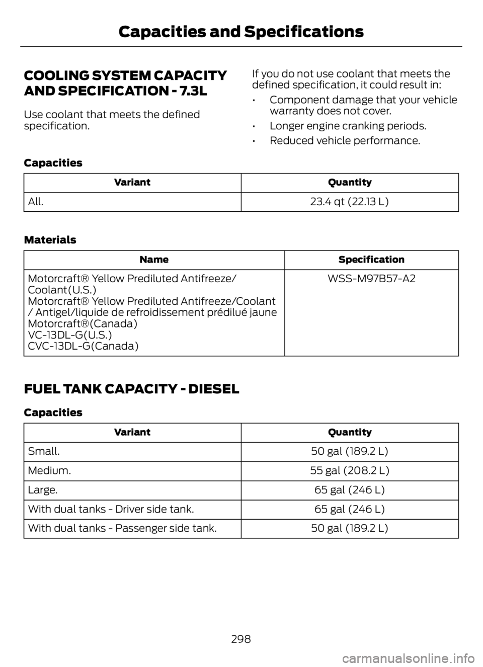 FORD F650/750 2023 Owners Manual COOLING SYSTEM CAPACITY
AND SPECIFICATION - 7.3L
Use coolant that meets the defined
specification.If you do not use coolant that meets the
defined specification, it could result in:
• Component dama FORD F650/750 2023 Owners Manual COOLING SYSTEM CAPACITY
AND SPECIFICATION - 7.3L
Use coolant that meets the defined
specification.If you do not use coolant that meets the
defined specification, it could result in:
• Component dama