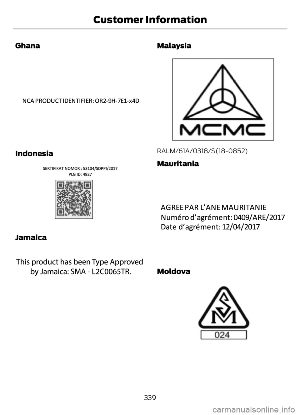 FORD F650/750 2023 Owners Manual Ghana
E340191E340191
Indonesia
E342395E342395
Jamaica
E340518E340518
Malaysia
RALM/61A/0318/S(18-0852)
Mauritania
3090E340190
Moldova
E337971E337971
339
Customer Information FORD F650/750 2023 Owners Manual Ghana
E340191E340191
Indonesia
E342395E342395
Jamaica
E340518E340518
Malaysia
RALM/61A/0318/S(18-0852)
Mauritania
3090E340190
Moldova
E337971E337971
339
Customer Information