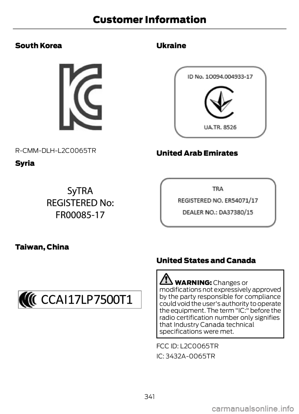FORD F650/750 2023 Owners Manual South Korea
E339675E339675
R-CMM-DLH-L2C0065TR
Syria
E342397E342397
Taiwan, China
E340195E340195
Ukraine
E3308043
United Arab Emirates
E308044044
United States and Canada
WARNING: Changes or
modificat FORD F650/750 2023 Owners Manual South Korea
E339675E339675
R-CMM-DLH-L2C0065TR
Syria
E342397E342397
Taiwan, China
E340195E340195
Ukraine
E3308043
United Arab Emirates
E308044044
United States and Canada
WARNING: Changes or
modificat