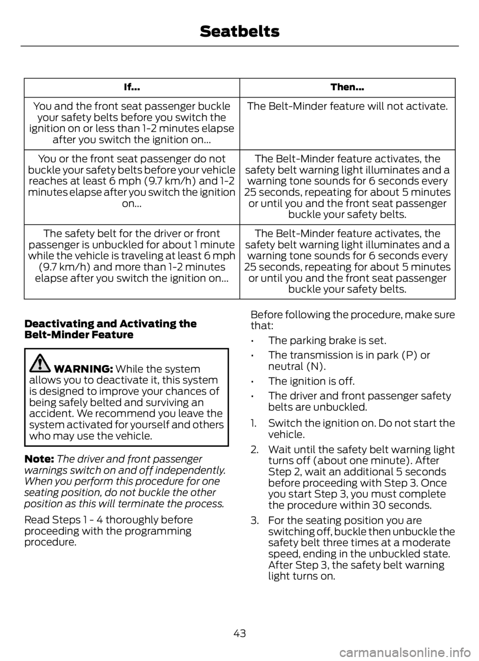 FORD F650/750 2023 Owners Manual Then... If...
The Belt-Minder feature will not activate. You and the front seat passenger buckle
your safety belts before you switch the
ignition on or less than 1-2 minutes elapse
after you switch th FORD F650/750 2023 Owners Manual Then... If...
The Belt-Minder feature will not activate. You and the front seat passenger buckle
your safety belts before you switch the
ignition on or less than 1-2 minutes elapse
after you switch th