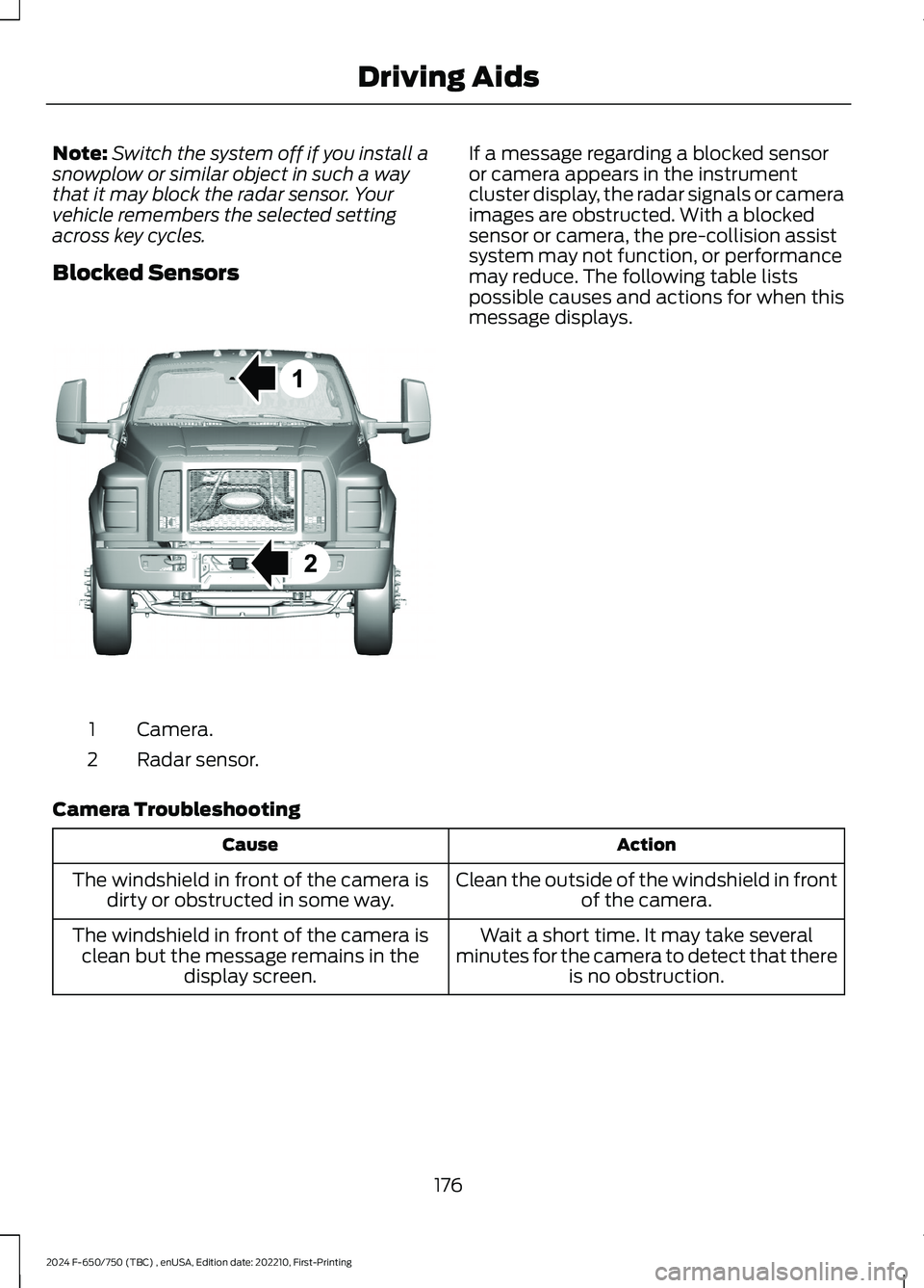 FORD F650/750 2024 Owners Manual Note:Switch the system off if you install asnowplow or similar object in such a waythat it may block the radar sensor. Yourvehicle remembers the selected settingacross key cycles.
Blocked Sensors
Came FORD F650/750 2024 Owners Manual Note:Switch the system off if you install asnowplow or similar object in such a waythat it may block the radar sensor. Yourvehicle remembers the selected settingacross key cycles.
Blocked Sensors
Came